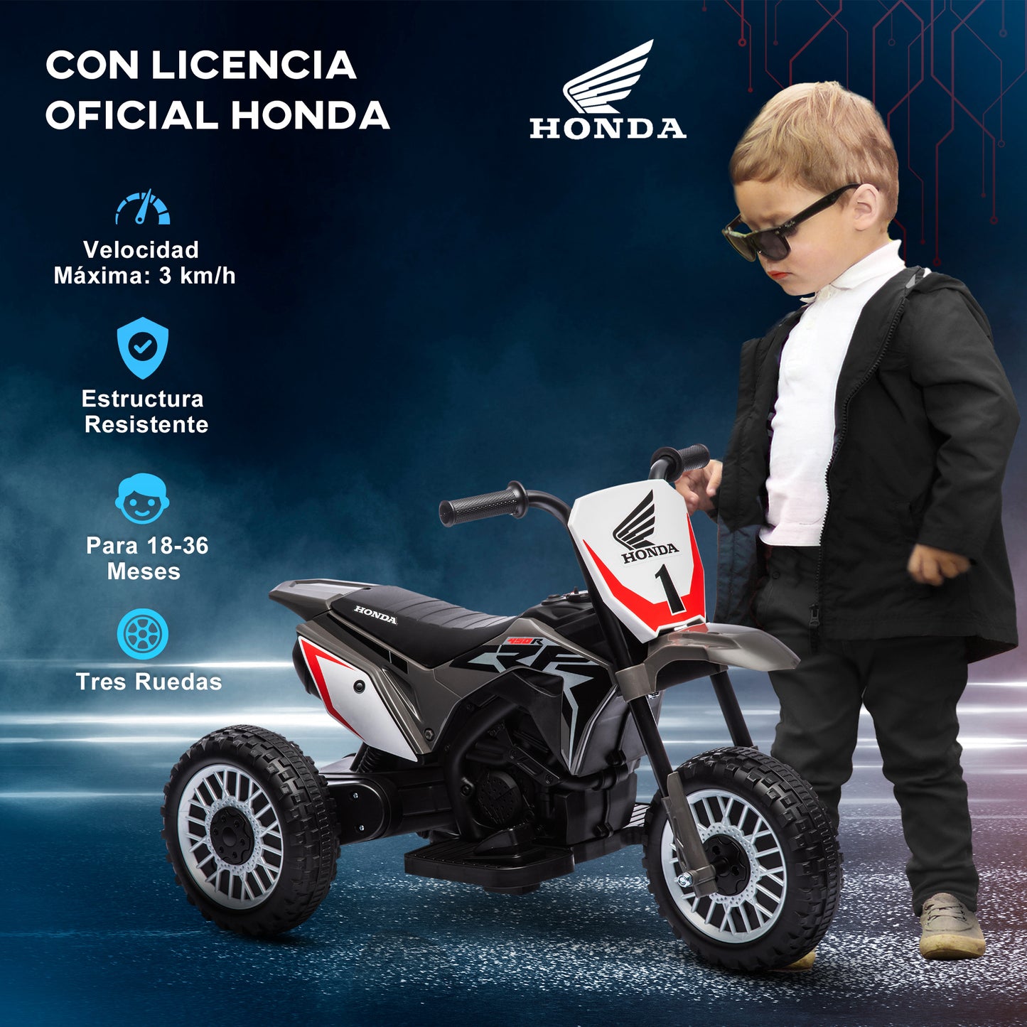 HOMCOM Moto Eléctrica con Licencia Honda CRF450RL para Niños de +18 Meses Motocicleta de Batería 6V con Velocidad 3 km/h Bocina y Sonido de Arranque Carga 25 kg 71x40,5x43,5 cm Gris