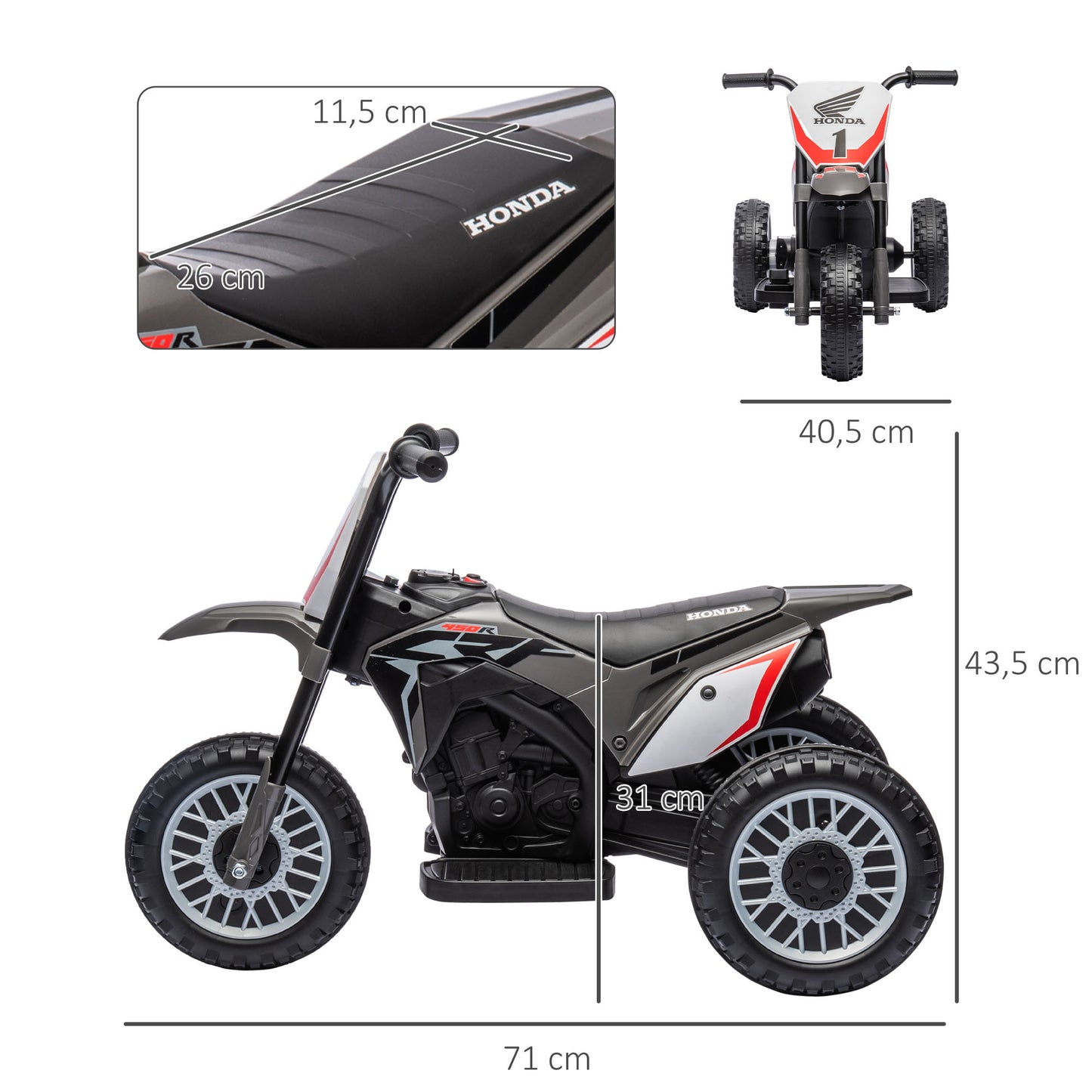 HOMCOM Moto Eléctrica con Licencia Honda CRF450RL para Niños de +18 Meses Motocicleta de Batería 6V con Velocidad 3 km/h Bocina y Sonido de Arranque Carga 25 kg 71x40,5x43,5 cm Gris