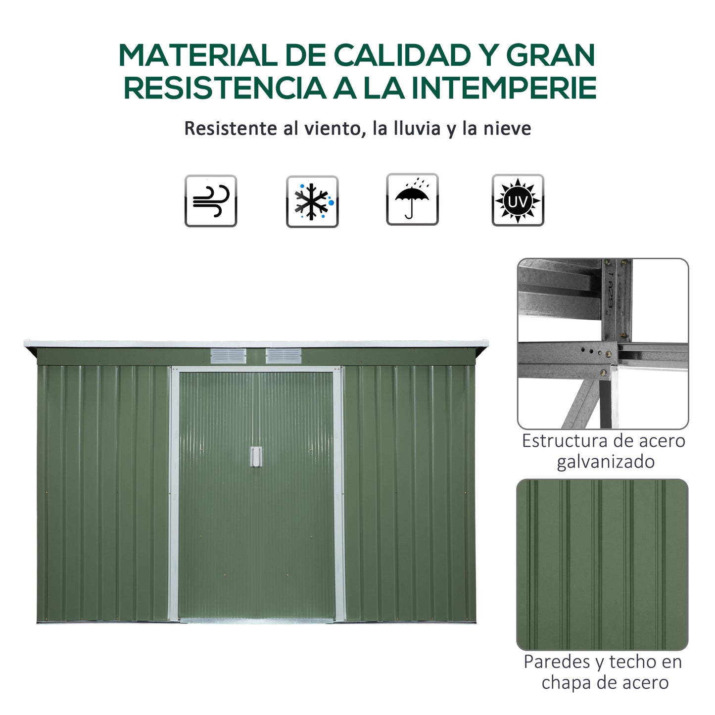 Outsunny Cobertizo de Jardín 280x130x172 cm Base de 3,2 m² Caseta de Exterior Metálica para Almacenamiento de Herramientas con 2 Puertas Correderas y 2 Orificios de Ventilación Verde