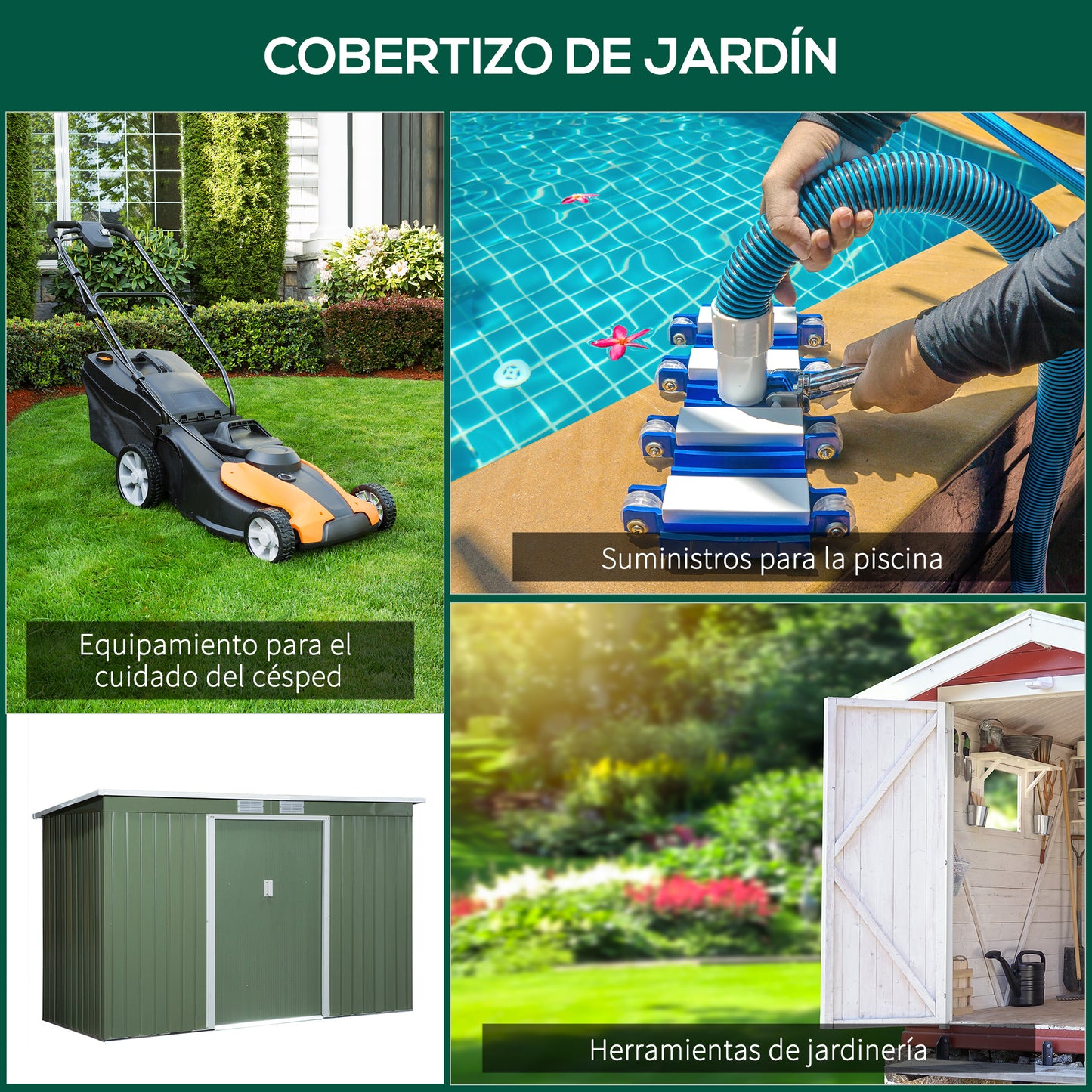 Outsunny Cobertizo de Jardín 280x130x172 cm Base de 3,2 m² Caseta de Exterior Metálica para Almacenamiento de Herramientas con 2 Puertas Correderas y 2 Orificios de Ventilación Verde