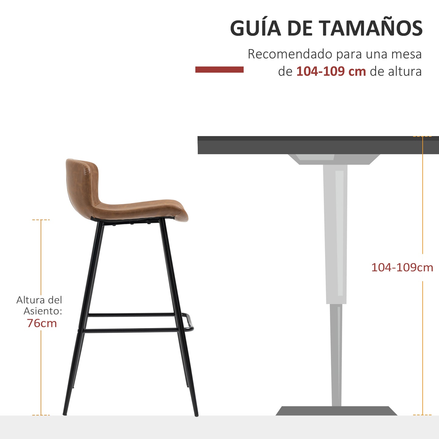 HOMCOM Conjunto de 2 Taburetes Altos de Cocina Sillas Altas de Cocina con Respaldo Tapizado en PU Carga 120 kg para Bar Salón Comedor Marrón