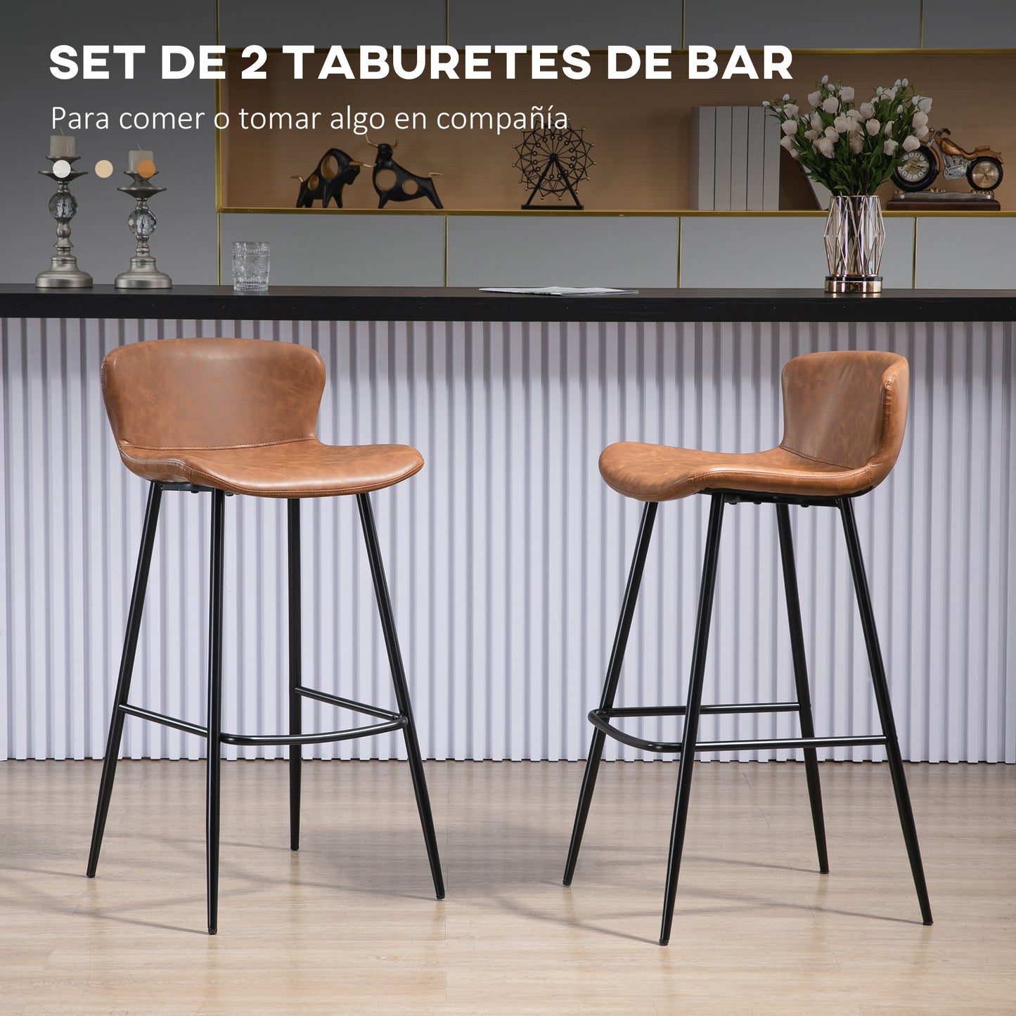 HOMCOM Conjunto de 2 Taburetes Altos de Cocina Sillas Altas de Cocina con Respaldo Tapizado en PU Carga 120 kg para Bar Salón Comedor Marrón