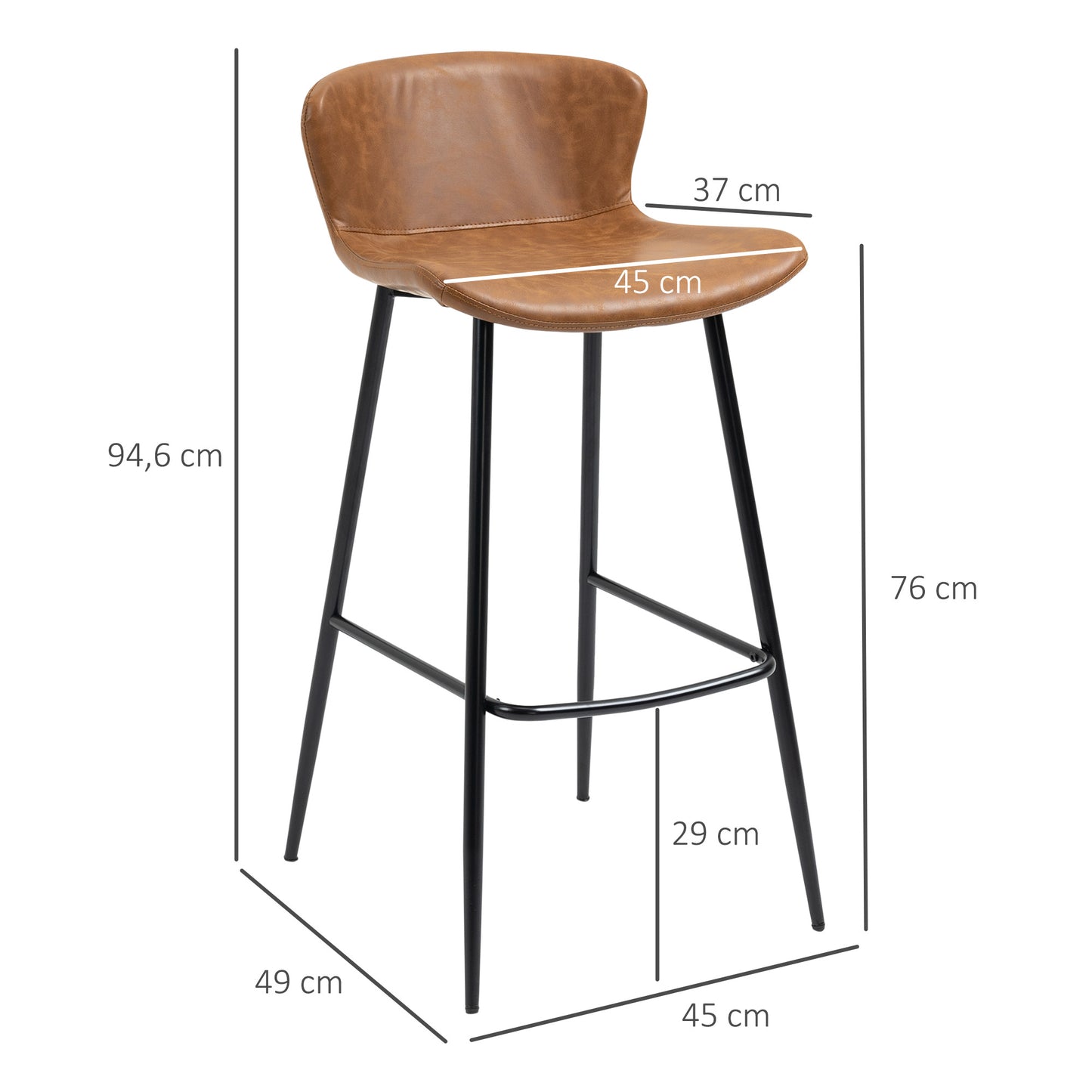 HOMCOM Conjunto de 2 Taburetes Altos de Cocina Sillas Altas de Cocina con Respaldo Tapizado en PU Carga 120 kg para Bar Salón Comedor Marrón