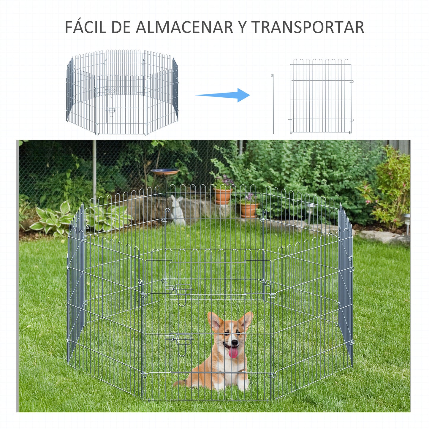 PawHut Parque para Perros de 8 Piezas 63x76 cm Vallas para Perros Plegables con 1 Puerta y Marco de Acero para Jardín Patio Plata