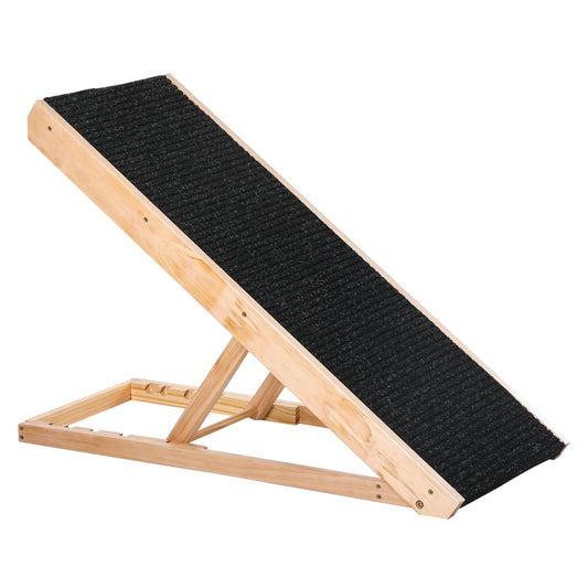 PawHut Rampa Plegable para Perros y Gatos de Madera con Altura Ajustable de 4 Niveles y Alfombra Antideslizante Escaleras de Mascotas para Coche Cama y Sofá 90x40x61 cm Natural