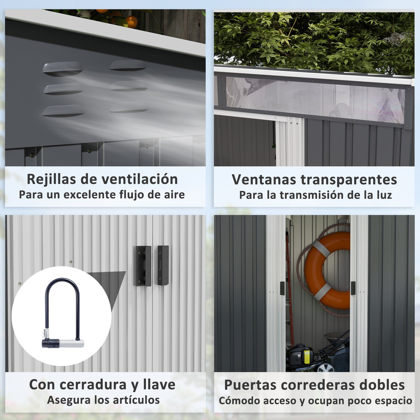 Outsunny Caseta de Jardín 2 m² 195x122x181,5 cm Cobertizo Exterior Metálico con Base Puerta Corredera 2 Ventanas y Anti-UV para Almacenar Herramientas en Terraza Patio Gris Oscuro