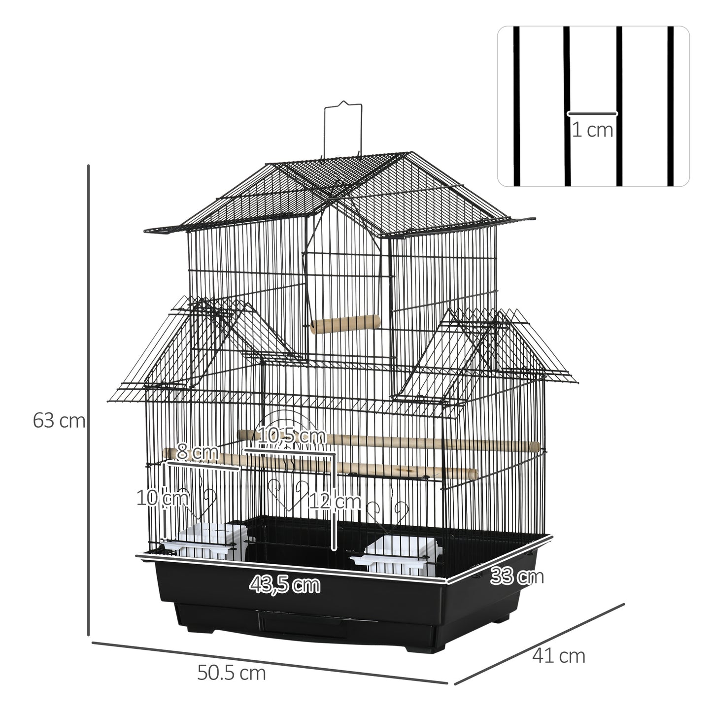 PawHut Jaula para Pájaros 50,5x41x63 cm Pajarera Metálica con 5 Puertas 2 Comederos 2 Perchas Columpio Bandeja Extraíble y Asa de Transporte para Canarios Periquitos Negro