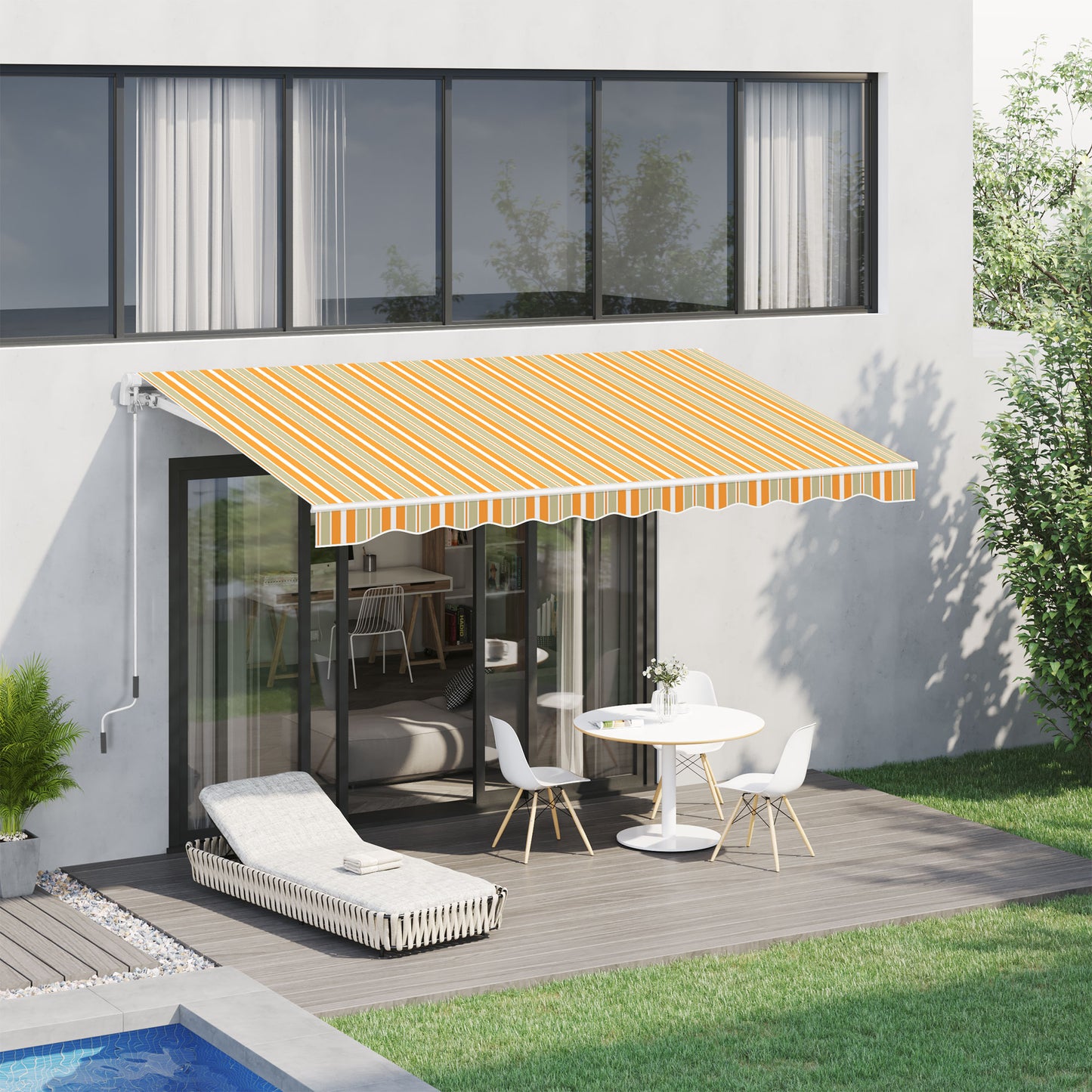 Outsunny Toldo Manual Retráctil 300x250 cm Toldo para Balcón con Manivela de Metal Impermeable y Anti-UV Toldo Enrollable de Exterior para Jardín Terraza Ventanas Amarillo y Blanco