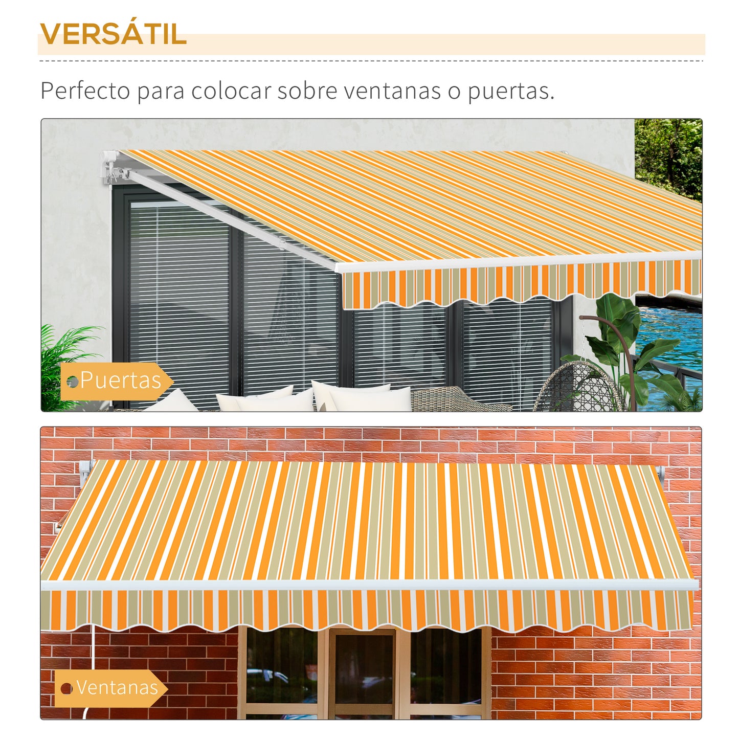 Outsunny Toldo Manual Retráctil 300x250 cm Toldo para Balcón con Manivela de Metal Impermeable y Anti-UV Toldo Enrollable de Exterior para Jardín Terraza Ventanas Amarillo y Blanco