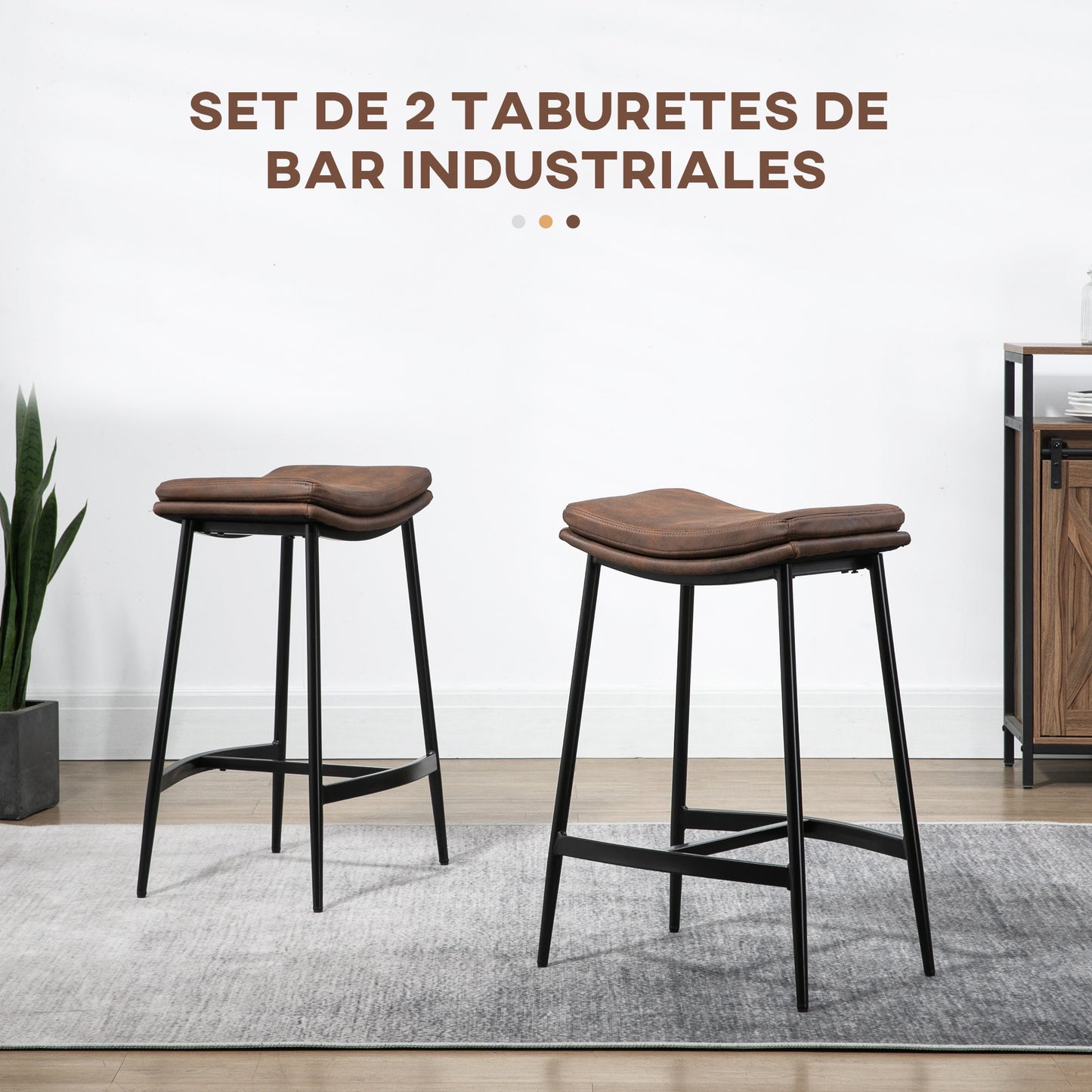 HOMCOM Conjunto de 2 Taburetes Altos de Cocina Sillas Altas de Cocina sin Respaldo con Estructura de Acero Estilo Industrial Carga 120 kg para Bar Salón Comedor Marrón