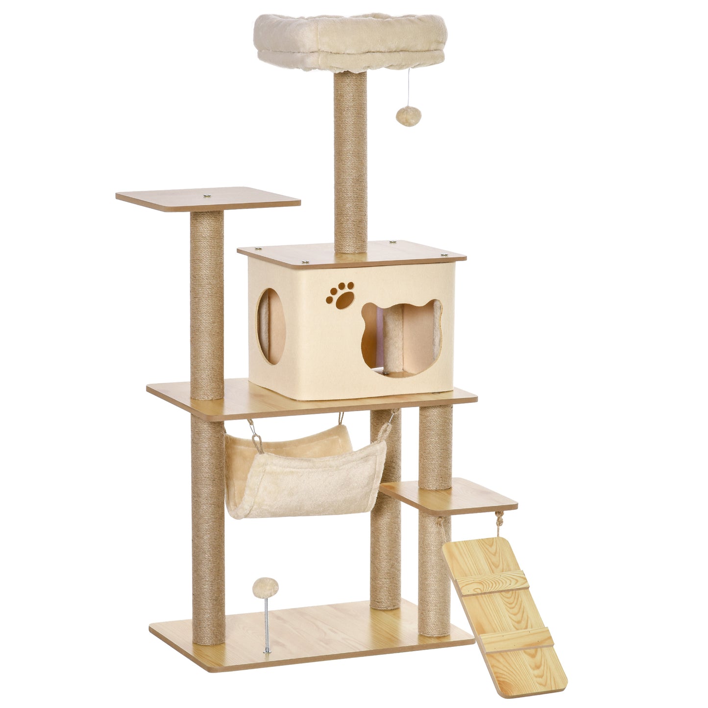 PawHut Árbol Rascador para Gatos Torre de Escalada con Plataformas Hamaca Escalera Cueva Postes para Rascar de Yute Bola Colgante Juego y Descanso 60x40x130 cm Beige