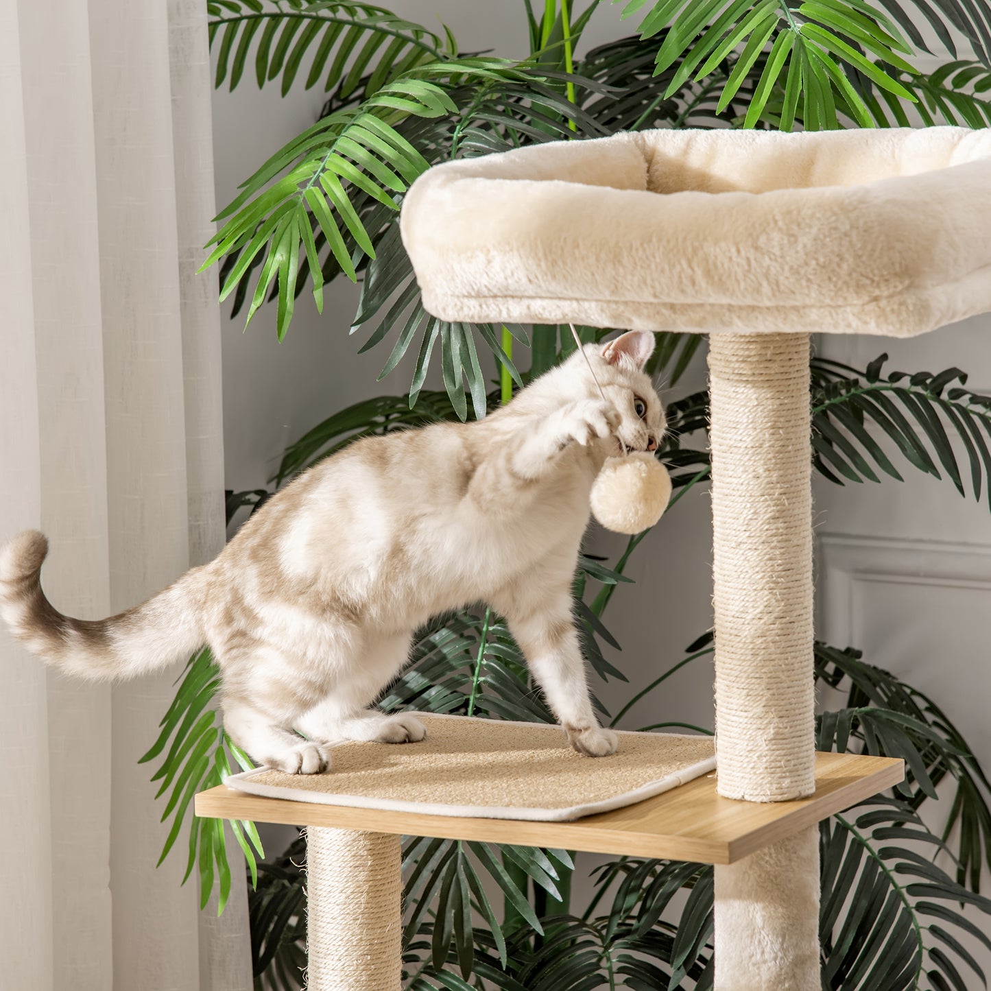 PawHut Árbol Rascador para Gatos con Plataforma Altura 126 cm Torre Escalador para Gatos con Hamaca Caseta Cama Postes de Sisal y Bolas para Jugar 48x40x126 cm Beige