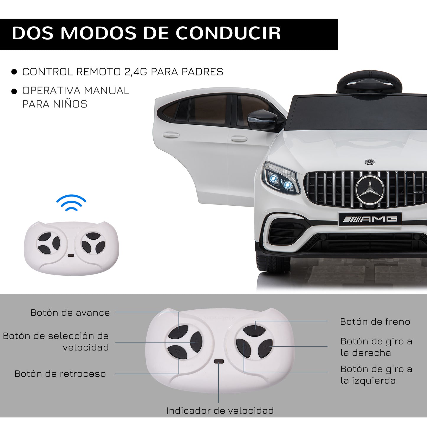 HOMCOM Coche Eléctrico para Niño +3 Años con Mando a Distancia Con Música y Luces Doble Apertura de Puerta Batería 12V Carga 30kg 115x70x55cm Blanco