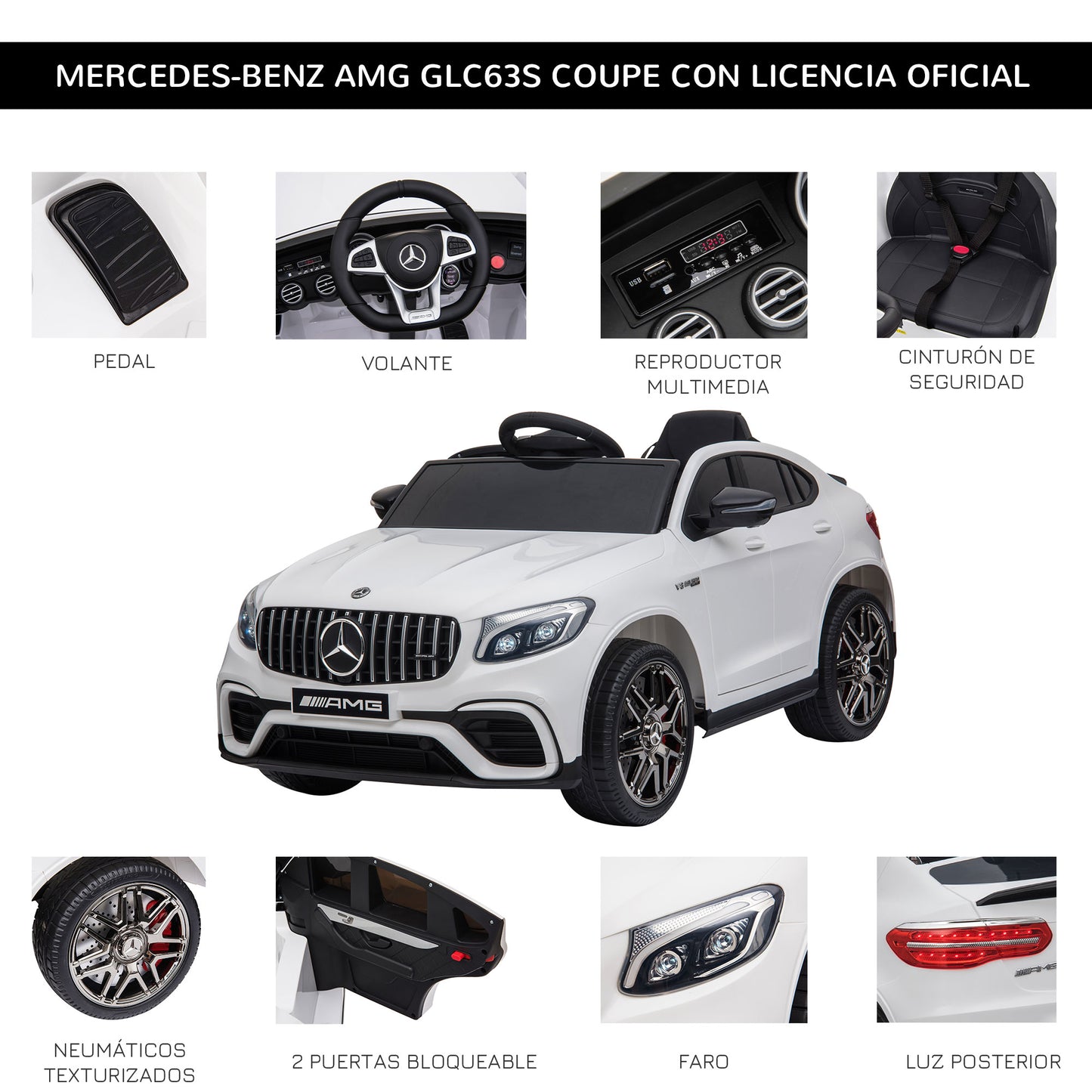 HOMCOM Coche Eléctrico para Niño +3 Años con Mando a Distancia Con Música y Luces Doble Apertura de Puerta Batería 12V Carga 30kg 115x70x55cm Blanco