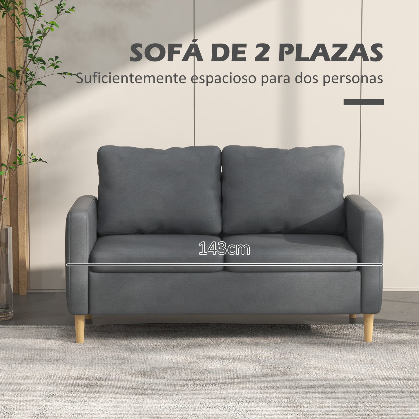 HOMCOM Conjunto de Sofá Incluye 1 Sofá de 2 Plazas y 1 Butaca de Salón con Bolsillos Laterales Reposabrazos y Patas de Madera para Dormitorio Oficina Gris