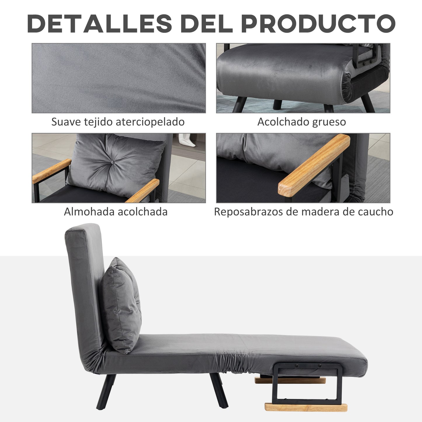 HOMCOM Sofá Cama Convertible Sillón Cama Triple Pliegue con Respaldo Ajustable de 5 Niveles y Almohada Acolchada para Oficina Dormitorio Salón Carga 120 kg 63x73x81 cm Gris