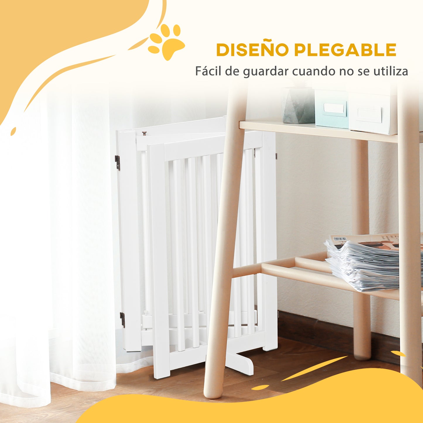 PawHut Barrera para Perros de Madera Valla para Mascotas Plegable de 3 Paneles con 1 Puerta y Patas de Apoyo para Pasillo Escalera 155x35,5x76 cm Blanco