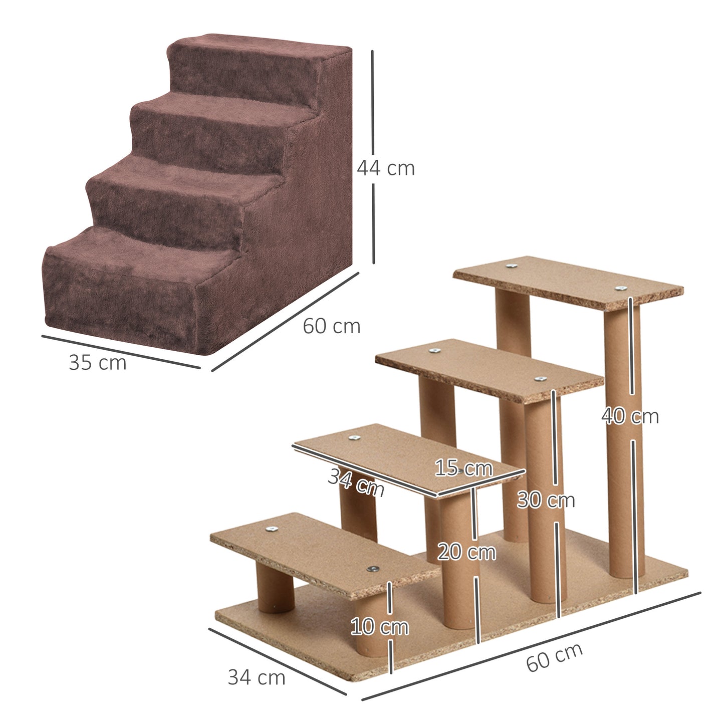 PawHut Escalera para Perros de 4 Peldaños Escalera para Mascotas con Funda Extraíble y Lavable para Cama Sofá 60x35x44 cm Marrón