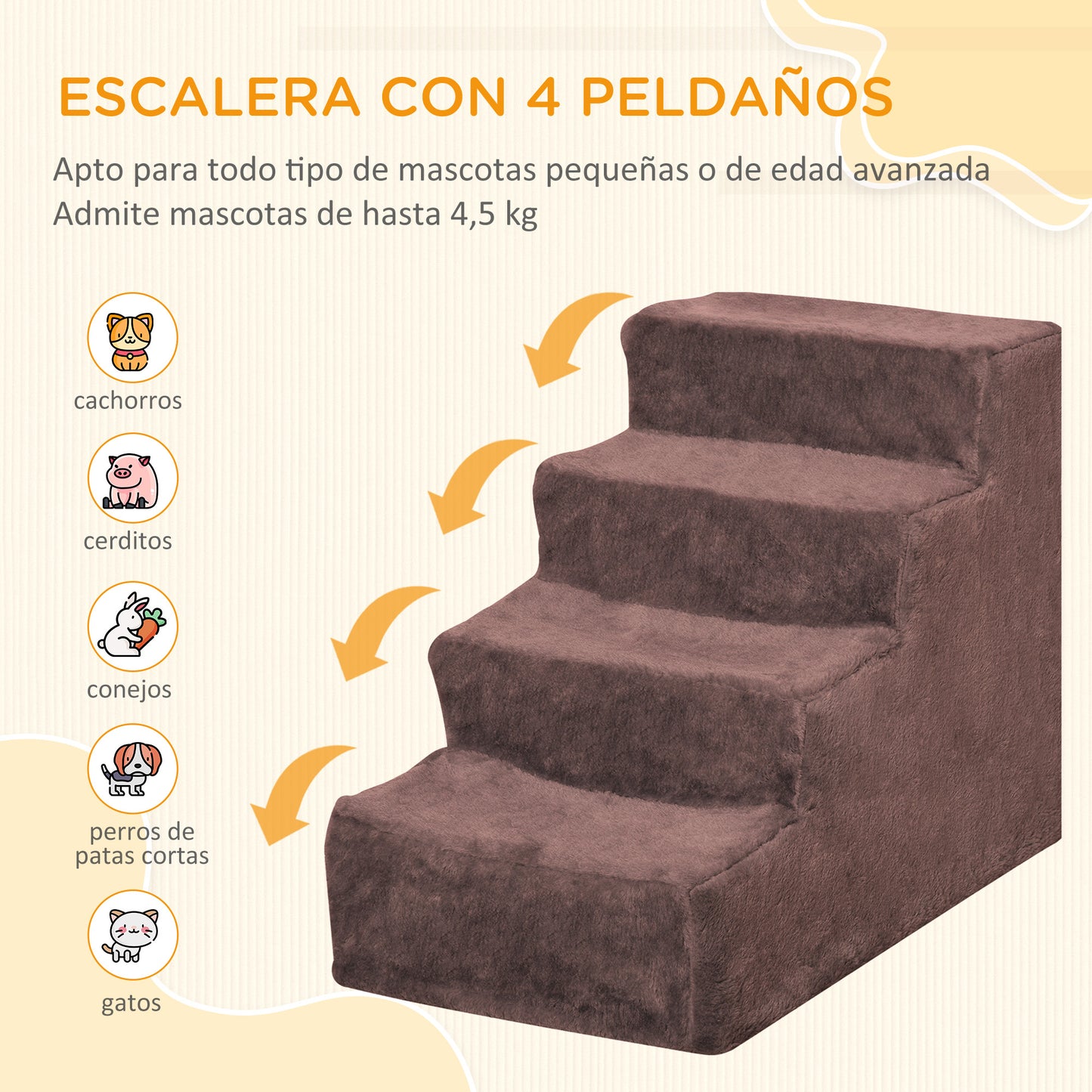 PawHut Escalera para Perros de 4 Peldaños Escalera para Mascotas con Funda Extraíble y Lavable para Cama Sofá 60x35x44 cm Marrón