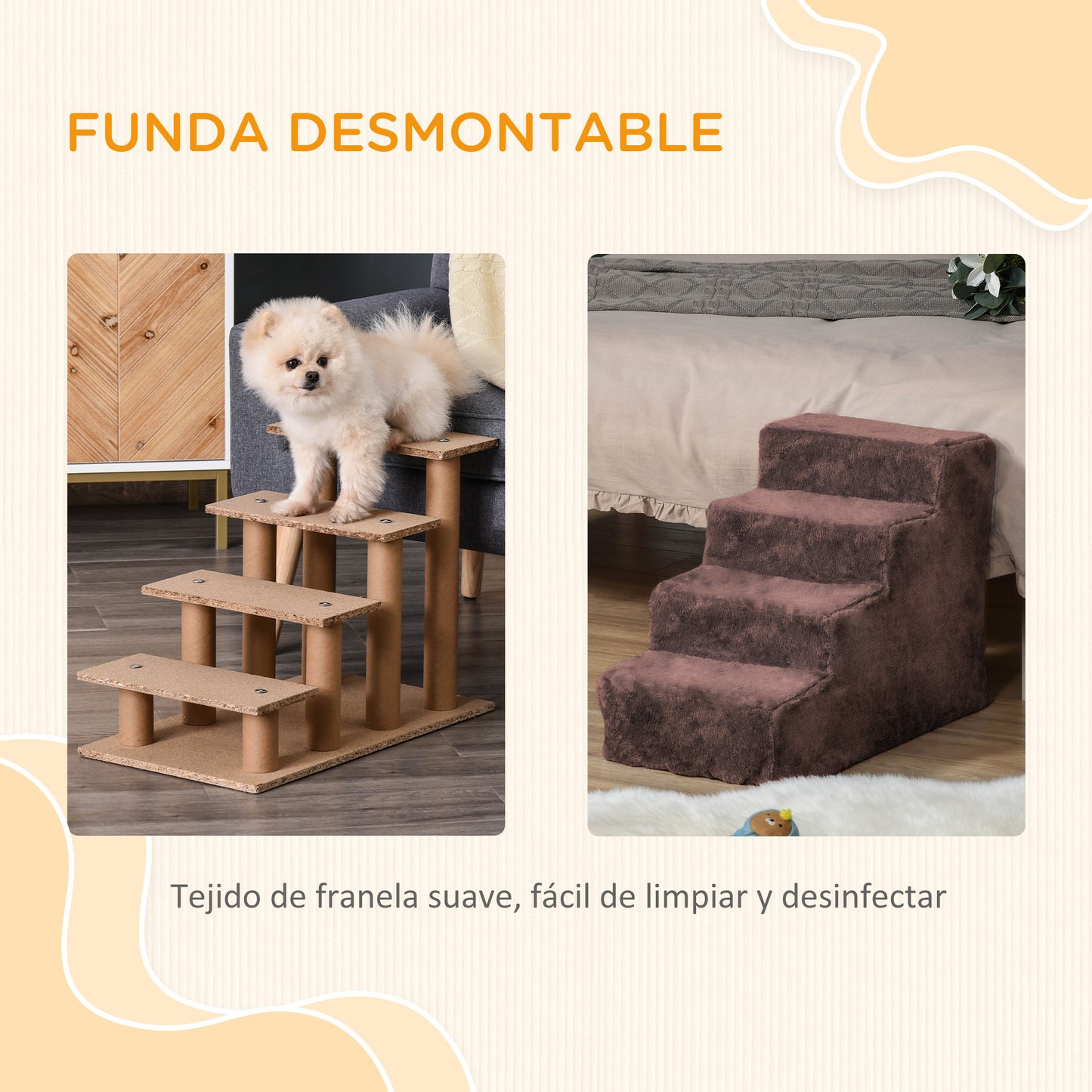 PawHut Escalera para Perros de 4 Peldaños Escalera para Mascotas con Funda Extraíble y Lavable para Cama Sofá 60x35x44 cm Marrón