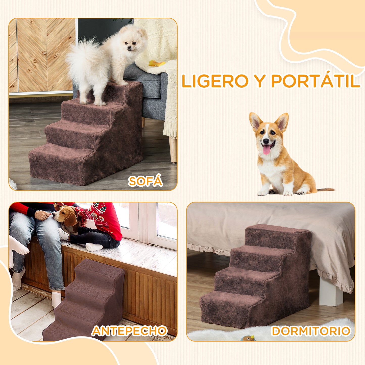 PawHut Escalera para Perros de 4 Peldaños Escalera para Mascotas con Funda Extraíble y Lavable para Cama Sofá 60x35x44 cm Marrón