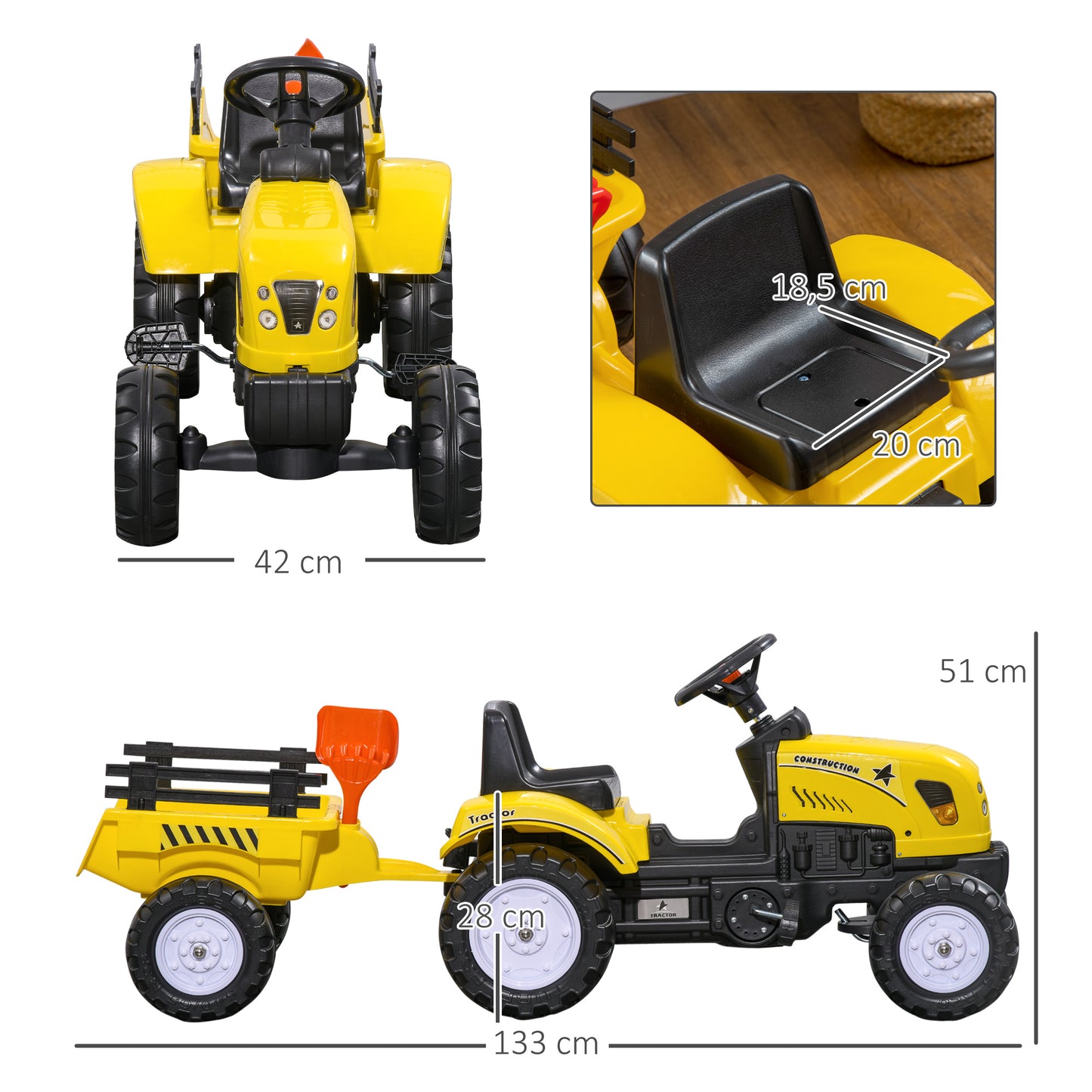 HOMCOM Tractor a Pedales para Niños de 3 Años con Remolque Juguete de Montar Coche de Pedales Carga 35 kg 133x42x51 cm Amarillo