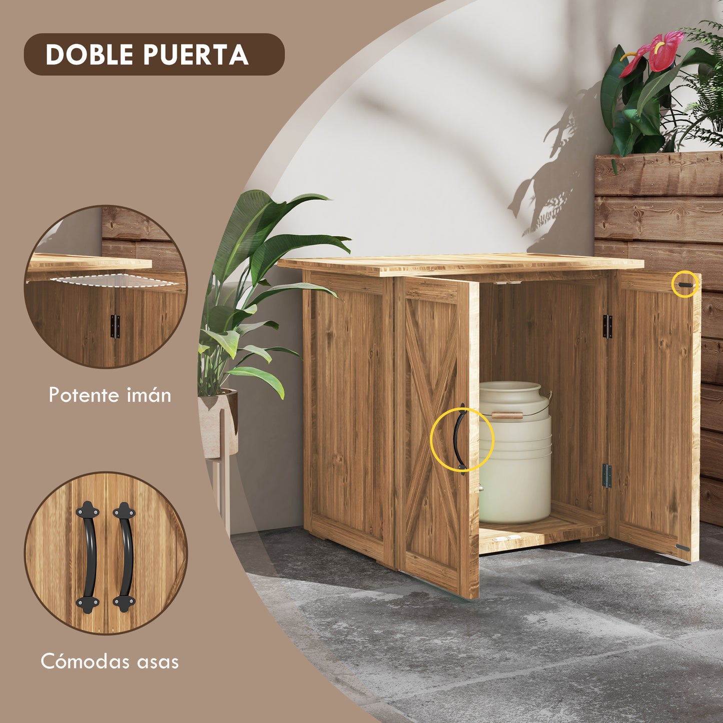 Outsunny Caseta de Jardín Exterior de Madera Armario de Exterior con 2 Puertas Magnéticas Cobertizo de Jardín Exterior para Almacenamiento de Herramientas 77x55x72 cm Marrón