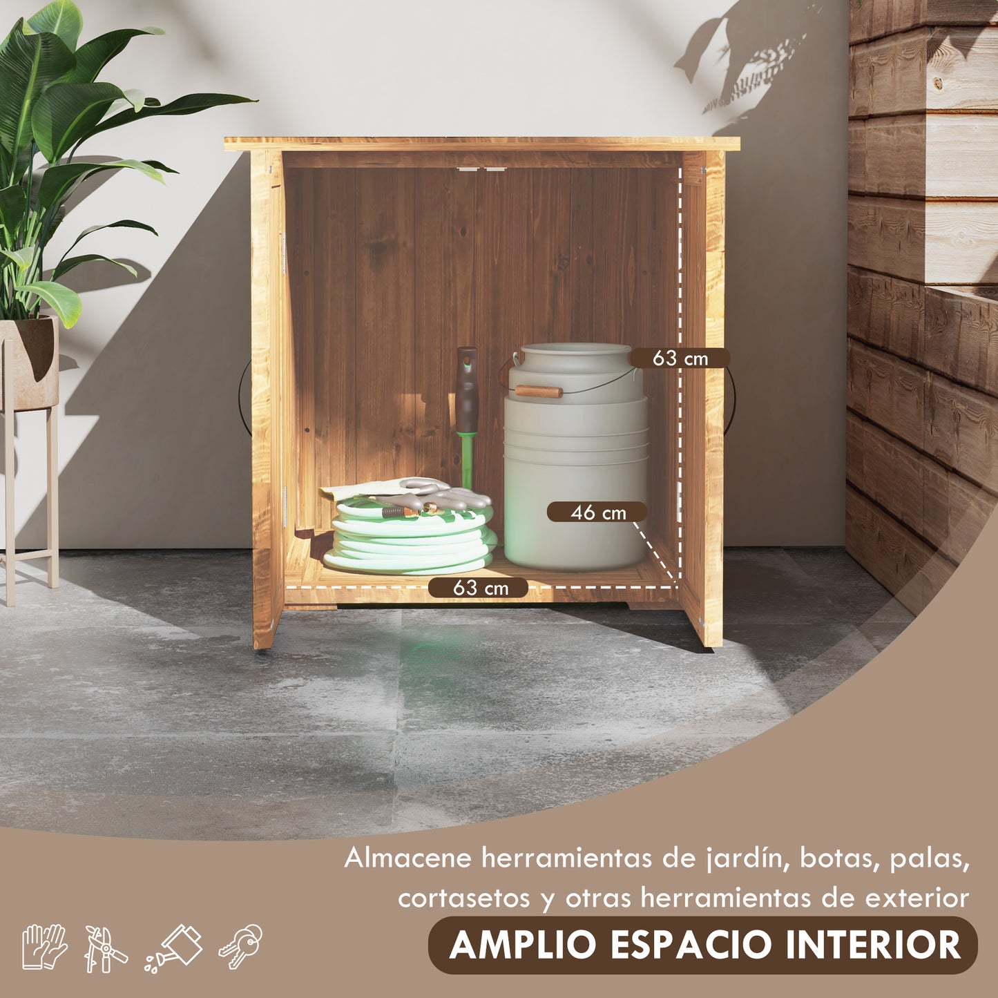 Outsunny Caseta de Jardín Exterior de Madera Armario de Exterior con 2 Puertas Magnéticas Cobertizo de Jardín Exterior para Almacenamiento de Herramientas 77x55x72 cm Marrón