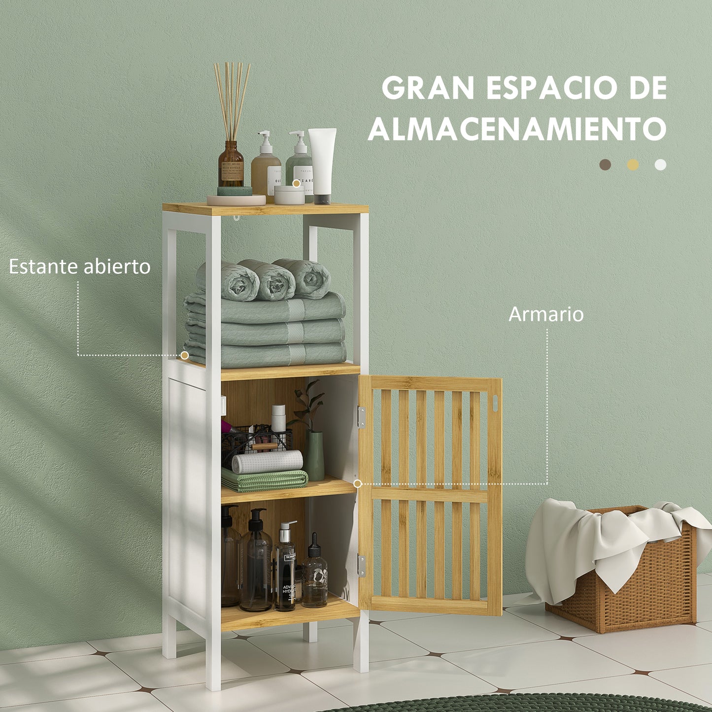 HOMCOM Conjunto de Baño Incluye 1 Mueble para Debajo del Lavabo 1 Espejo de Baño de Pared 1 Armario Alto de Baño y 1 Mueble Auxiliar de Baño con Puerta de Bambú Natural y Blanco