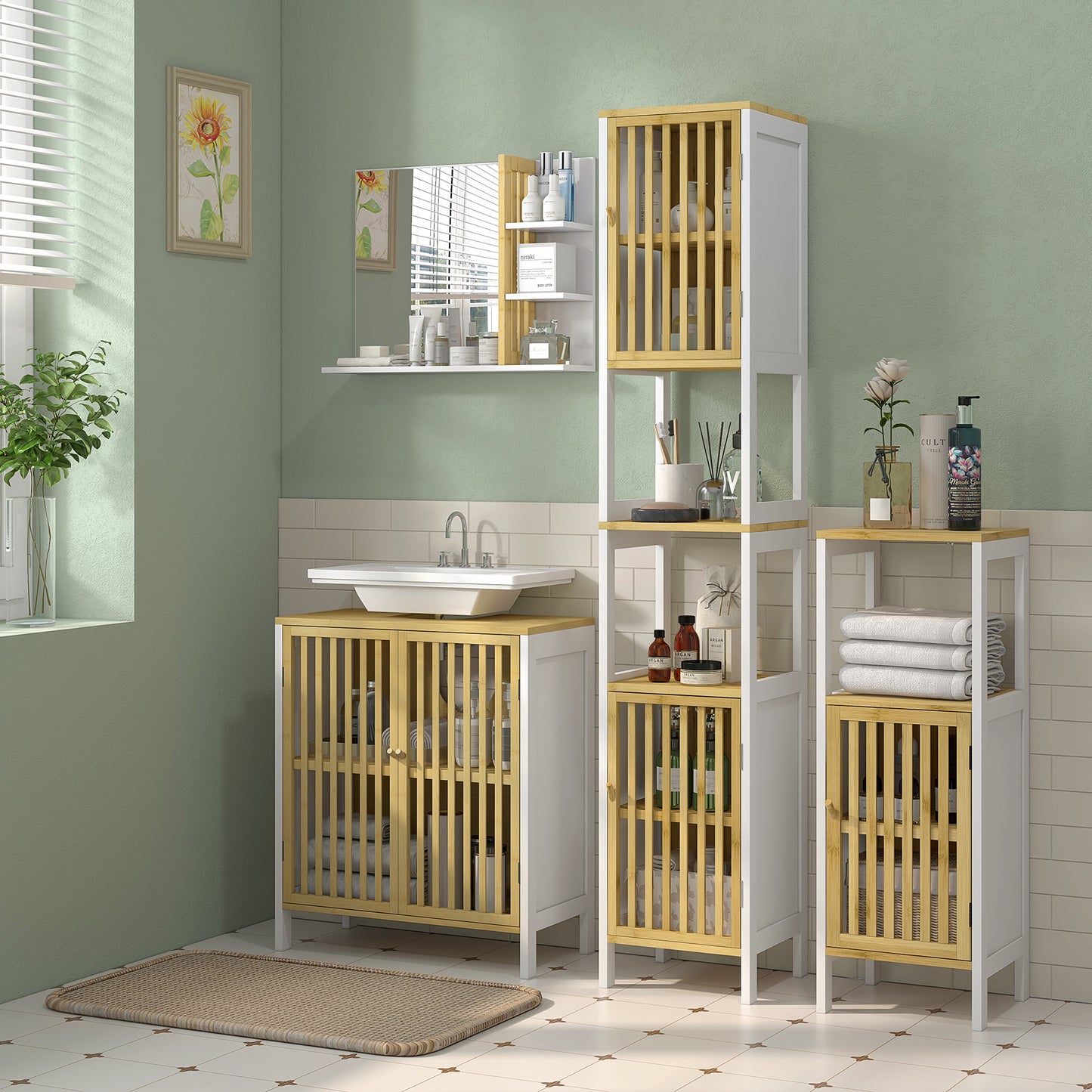 HOMCOM Conjunto de Baño Incluye 1 Mueble para Debajo del Lavabo 1 Espejo de Baño de Pared 1 Armario Alto de Baño y 1 Mueble Auxiliar de Baño con Puerta de Bambú Natural y Blanco