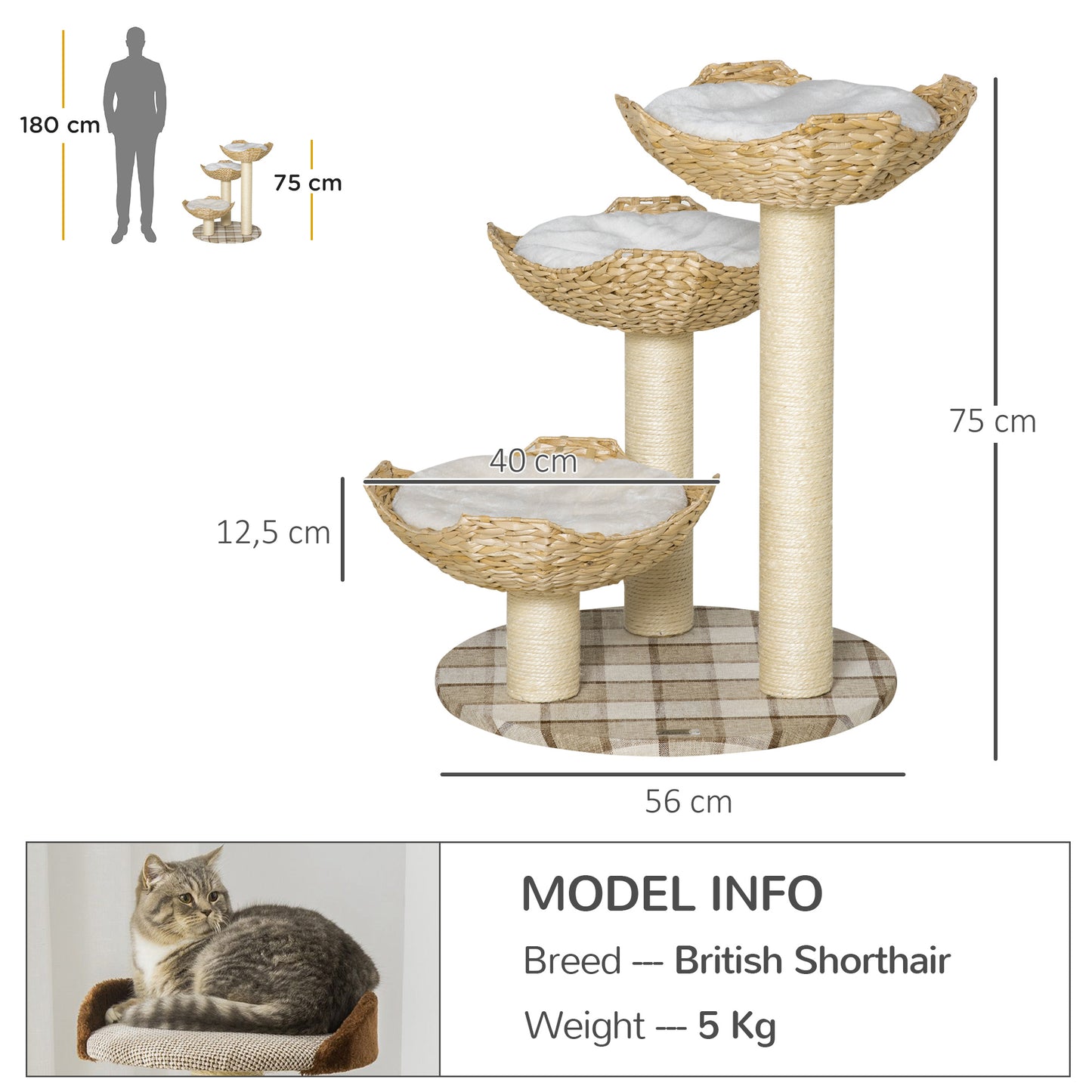 PawHut Árbol Rascador para Gatos Altura 75 cm Torre para Gatos con 3 Camas de Totora Cojines y Postes de Sisal 56x56x75 cm Natural