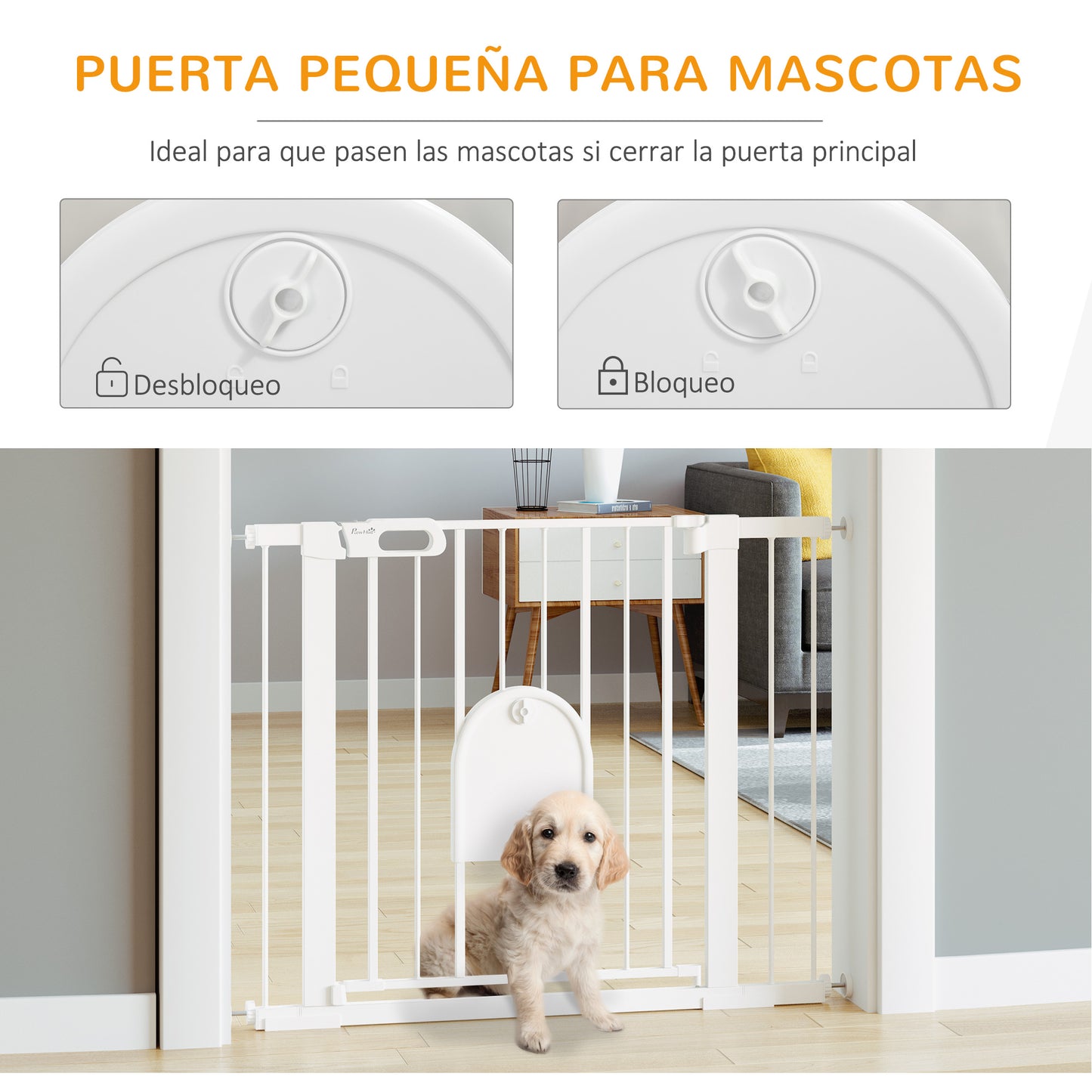 PawHut Barrera de Seguridad para Perros Mascotas 75-103 cm para Escaleras y Puertas con 2 Extensiones Cierre Automático y Sistema de Doble Bloqueo Blanco