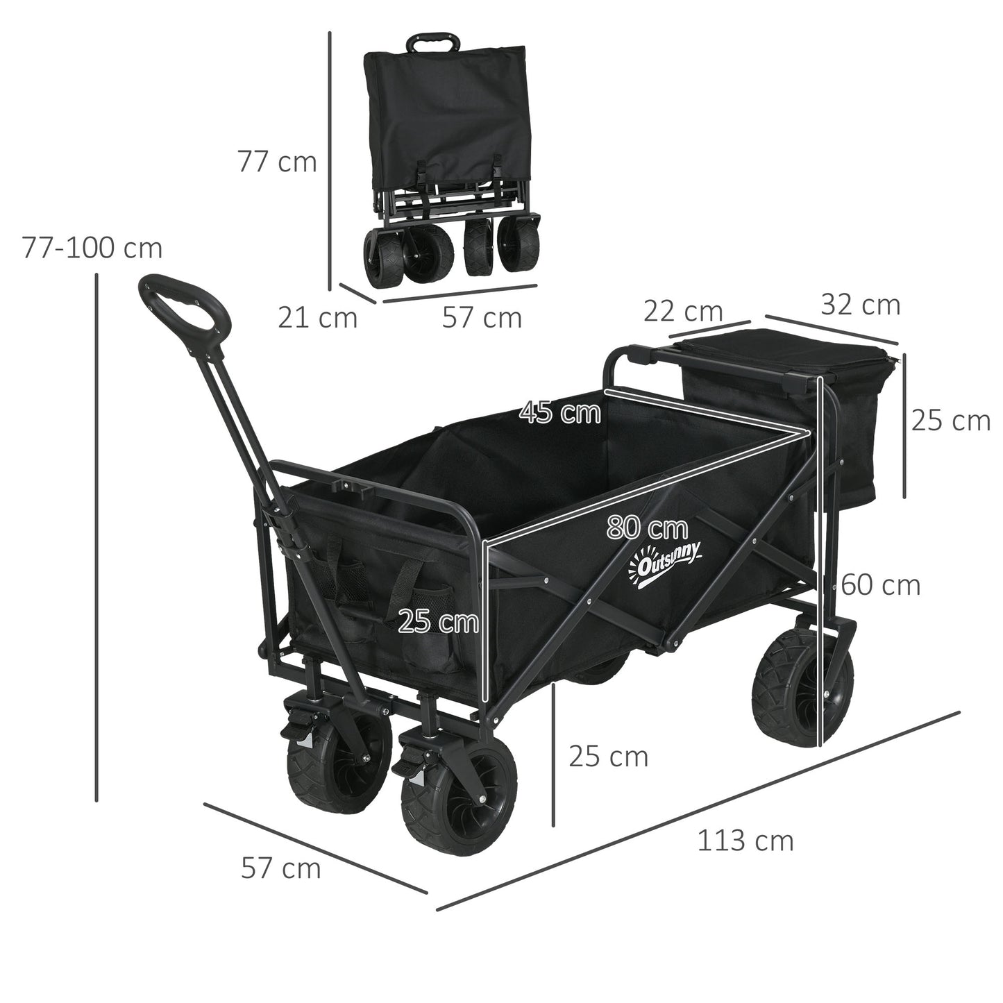 Outsunny Carro de Jardín con Bolsa Térmica Desmontable Carro Plegable con Longitud y Ángulo del Mango Ajustables y Bolsa de Transporte Carga 100 kg para Playa Negro