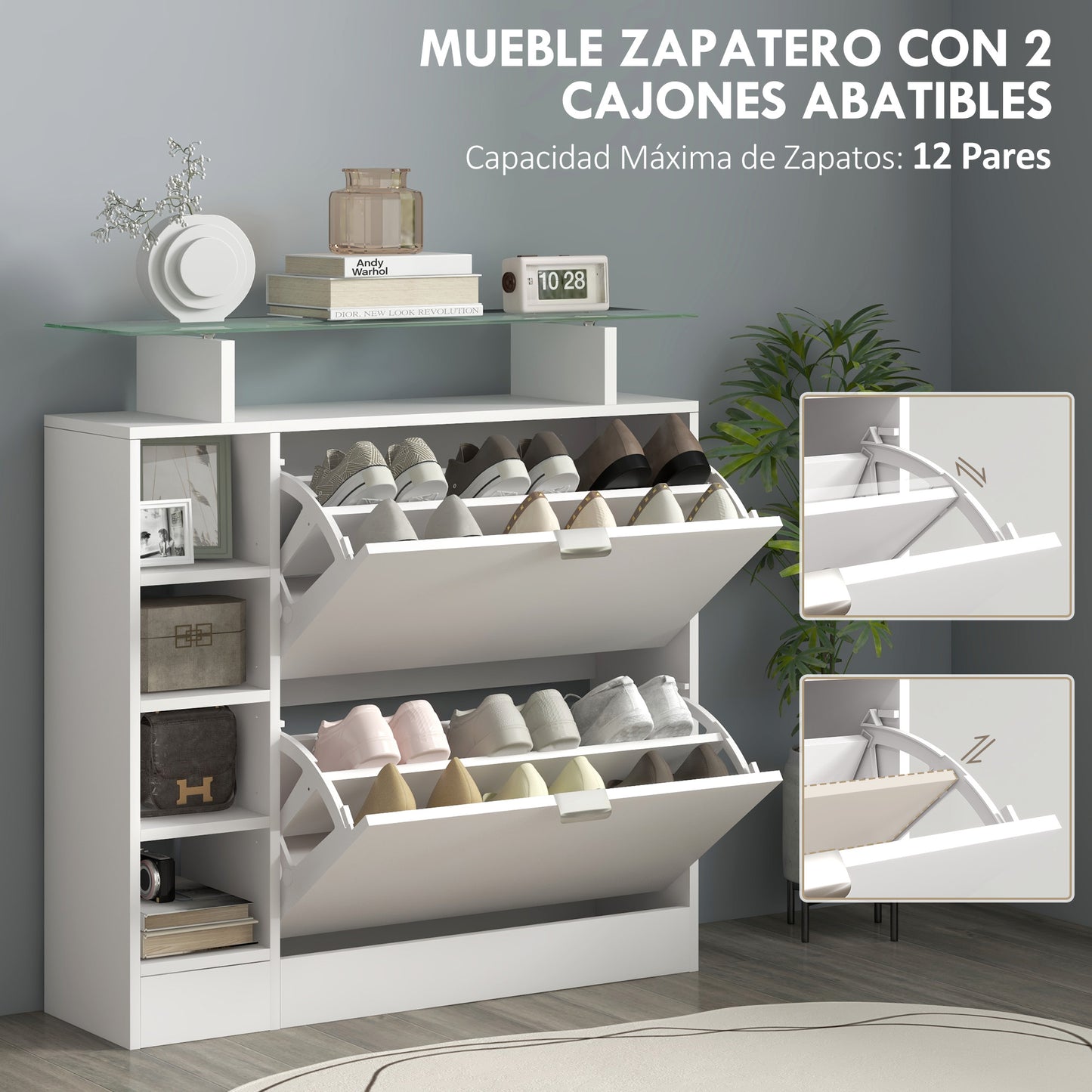 HOMCOM Zapatero Moderno Zapatero de Entrada Recibidor con Cajones Abatibles Estantes Ajustables y Estantes Abiertos para 12 Pares de Zapatos Zapatero Estrecho para Pasillo 89x25x92 cm Blanco