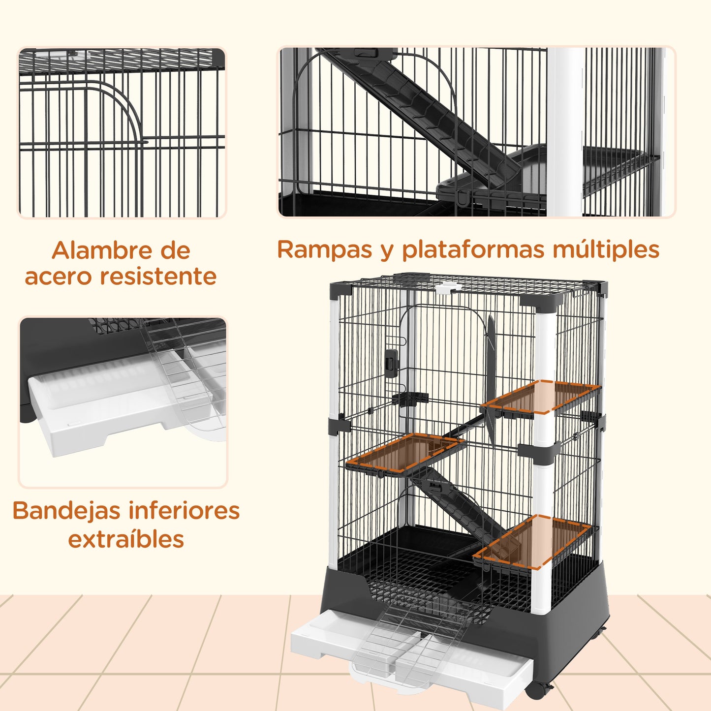 PawHut Jaula para Animales Pequeños con Ruedas 114x75x50 cm Valla para Mascotas con 3 Plataformas 3 Rampas Bandejas Extraíbles para Hurones Conejos Negro