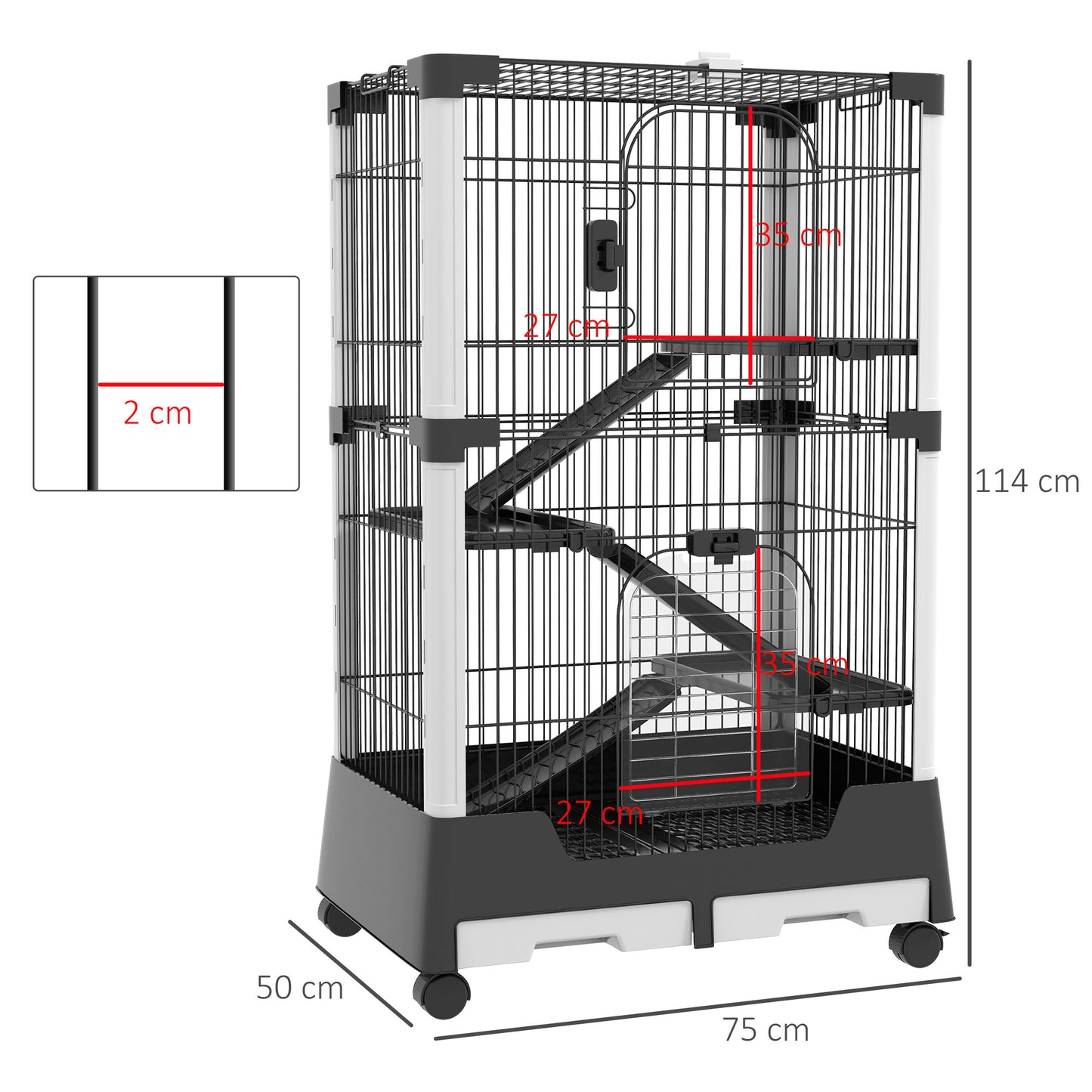 PawHut Jaula para Animales Pequeños con Ruedas 114x75x50 cm Valla para Mascotas con 3 Plataformas 3 Rampas Bandejas Extraíbles para Hurones Conejos Negro