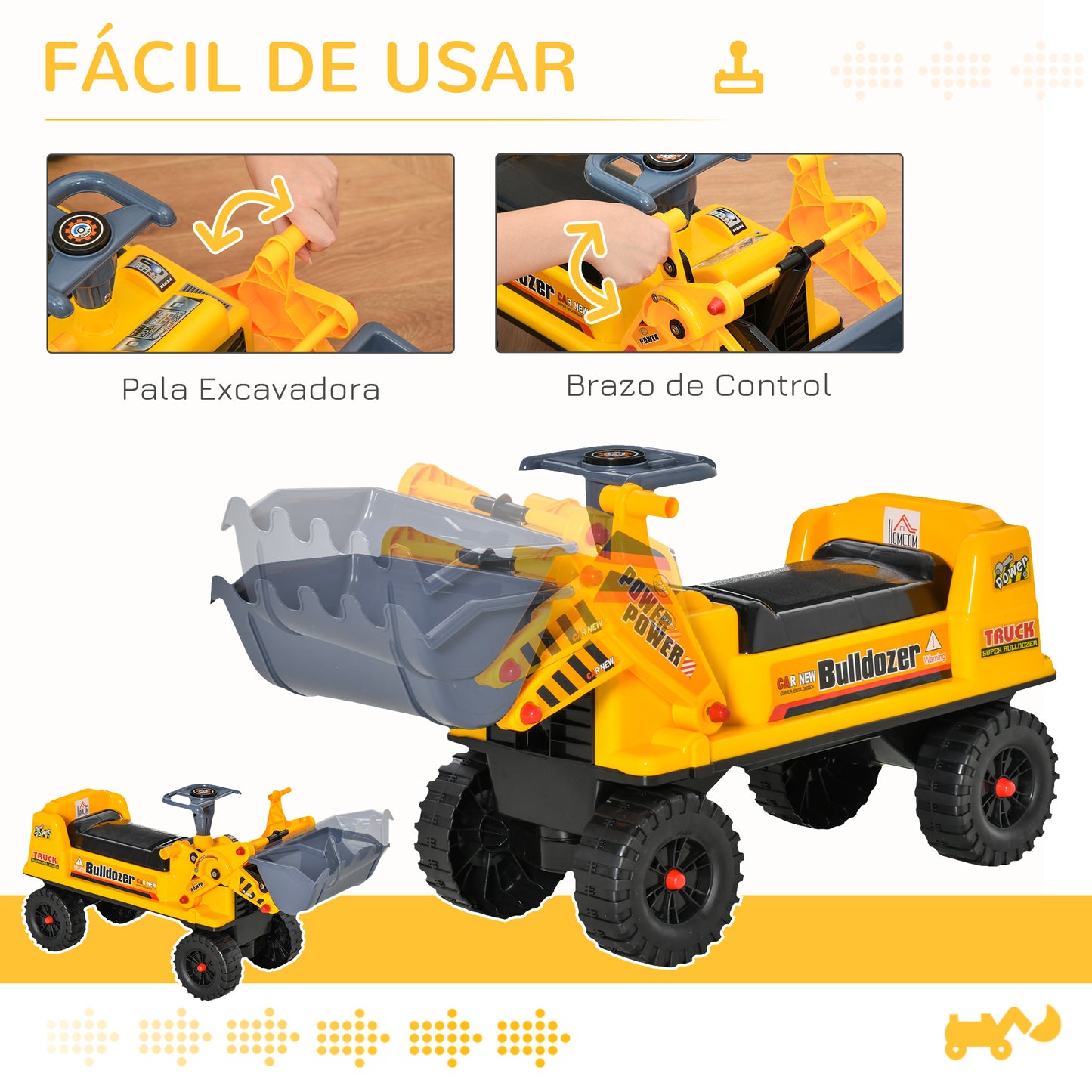 HOMCOM Camion Correpasillos Tractor sin Pedales para Niños de 2-3 Años con Pala Excavadora Espacio de Almacenaje Oculto y Bocina 70x26x37 cm Amarillo