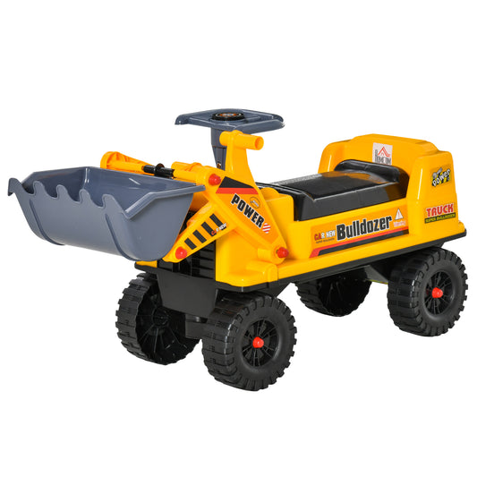 HOMCOM Camion Correpasillos Tractor sin Pedales para Niños de 2-3 Años con Pala Excavadora Espacio de Almacenaje Oculto y Bocina 70x26x37 cm Amarillo