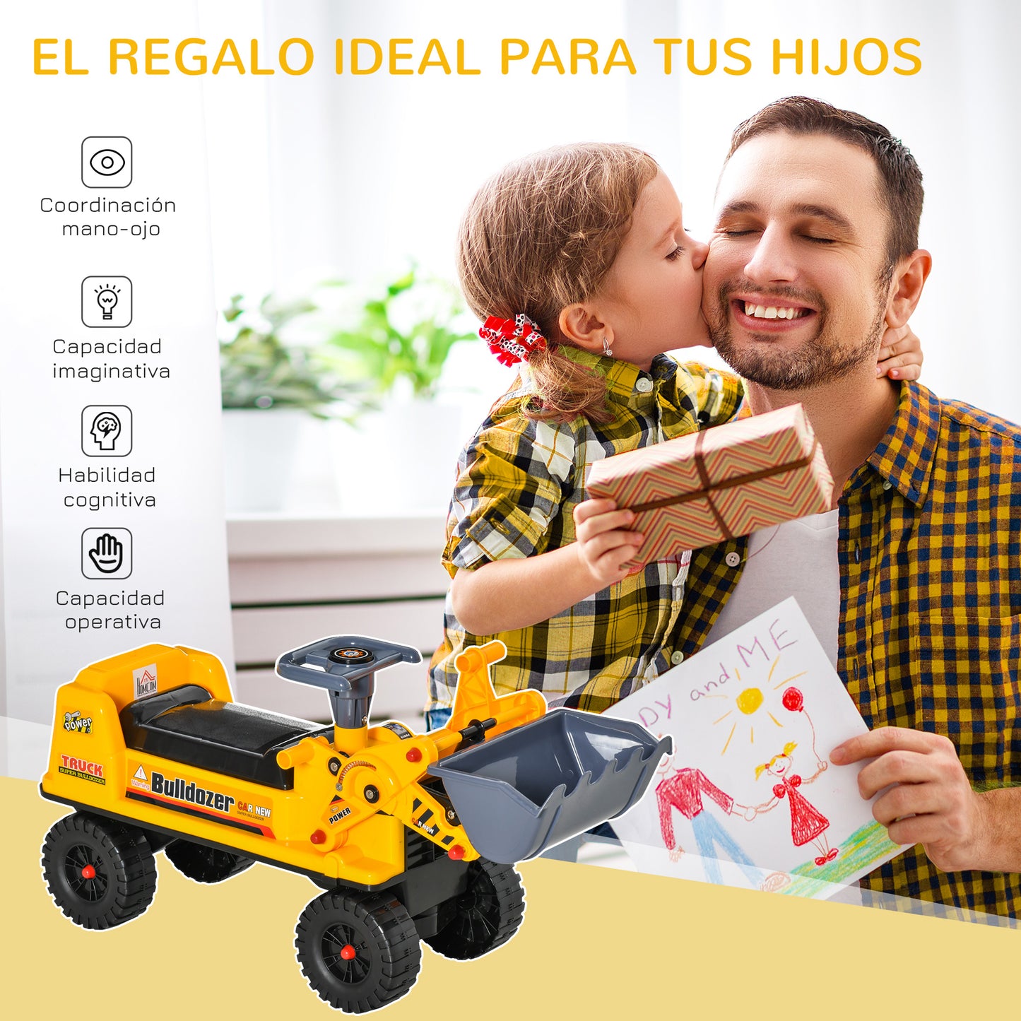 HOMCOM Camion Correpasillos Tractor sin Pedales para Niños de 2-3 Años con Pala Excavadora Espacio de Almacenaje Oculto y Bocina 70x26x37 cm Amarillo