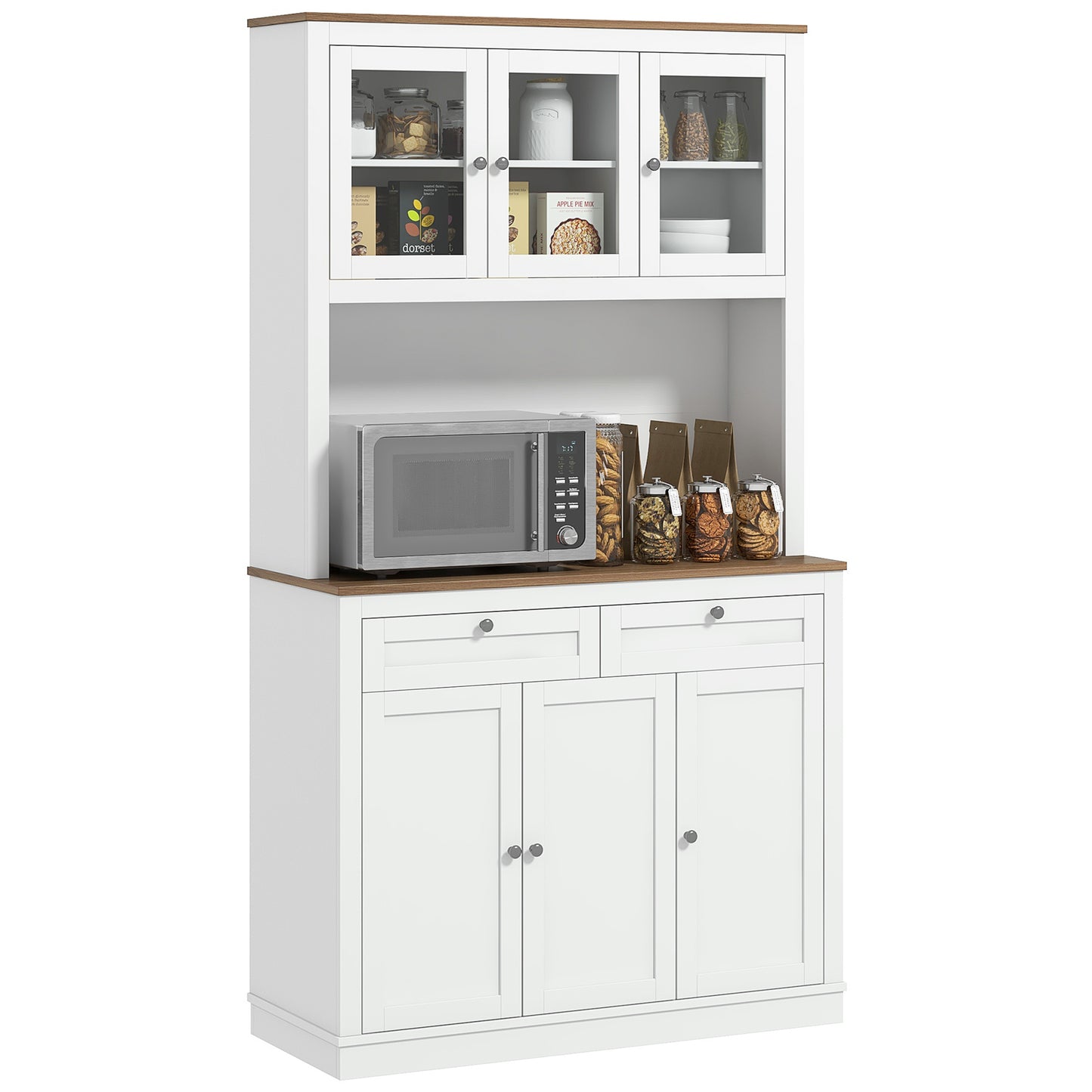 HOMCOM Alacena de Cocina Mueble Auxiliar de Cocina Armario de Cocina con 3 Puertas de Vidrio Compartimento Abierto 2 Cajones y Estantes Ajustables 100x40x180 cm Blanco