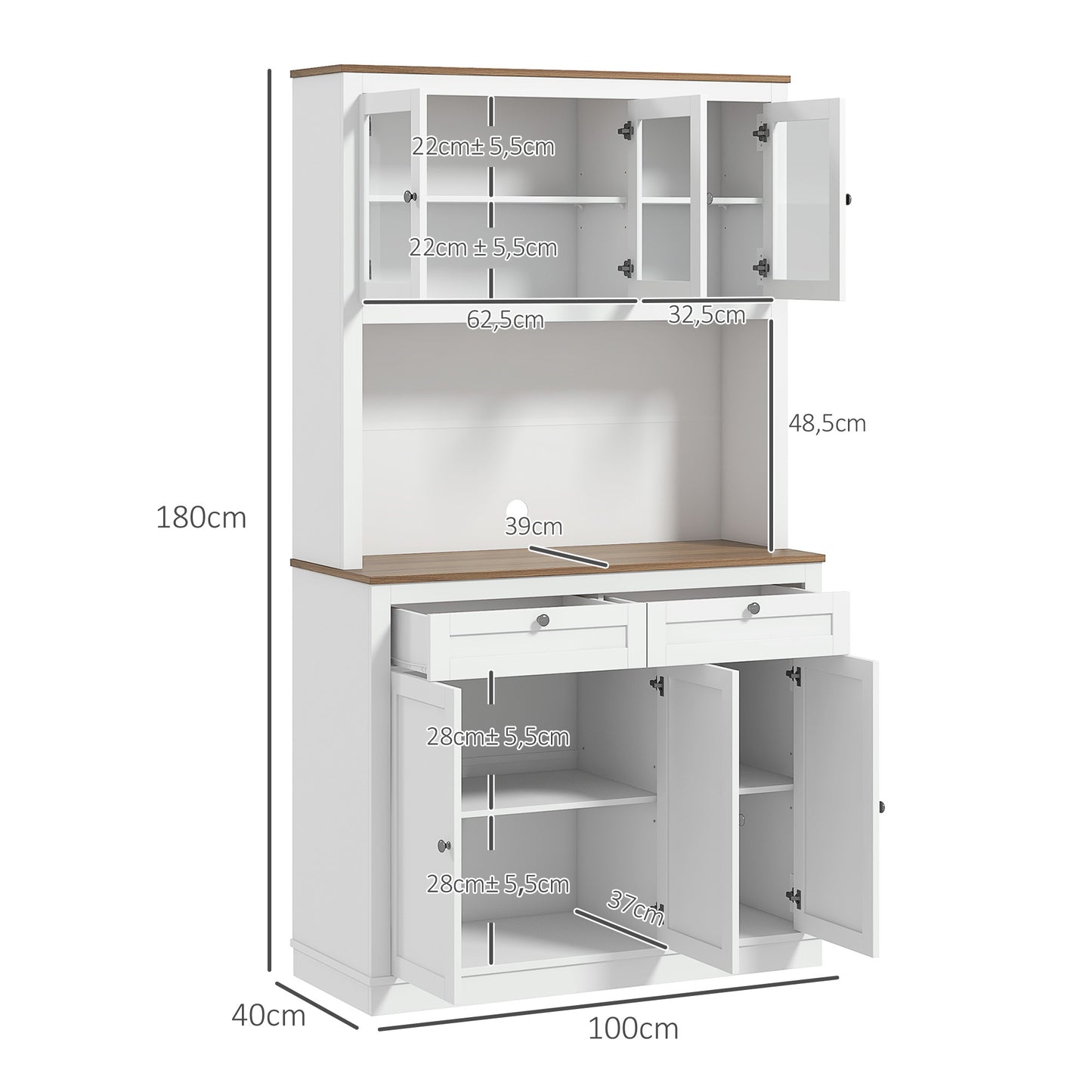 HOMCOM Alacena de Cocina Mueble Auxiliar de Cocina Armario de Cocina con 3 Puertas de Vidrio Compartimento Abierto 2 Cajones y Estantes Ajustables 100x40x180 cm Blanco