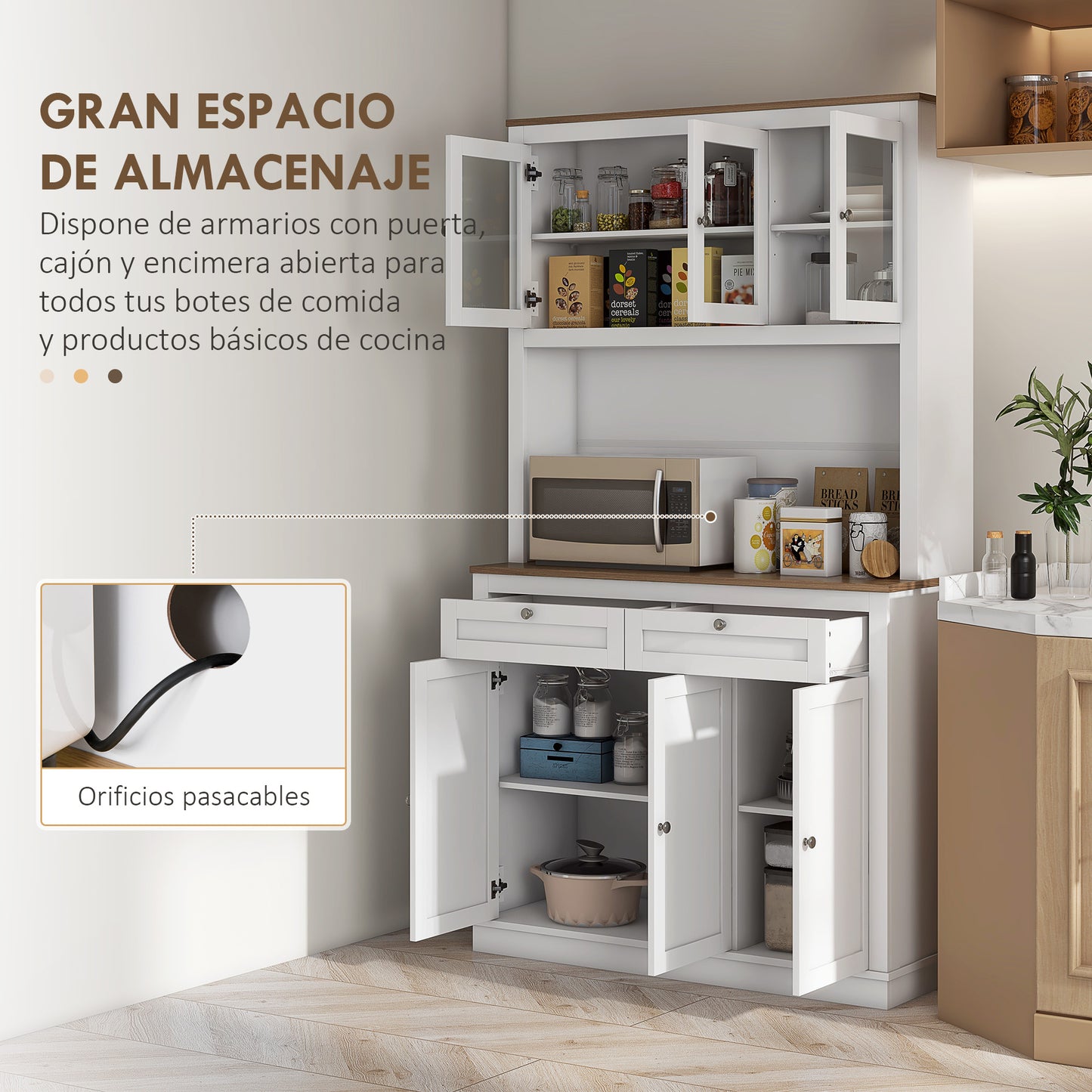 HOMCOM Alacena de Cocina Mueble Auxiliar de Cocina Armario de Cocina con 3 Puertas de Vidrio Compartimento Abierto 2 Cajones y Estantes Ajustables 100x40x180 cm Blanco