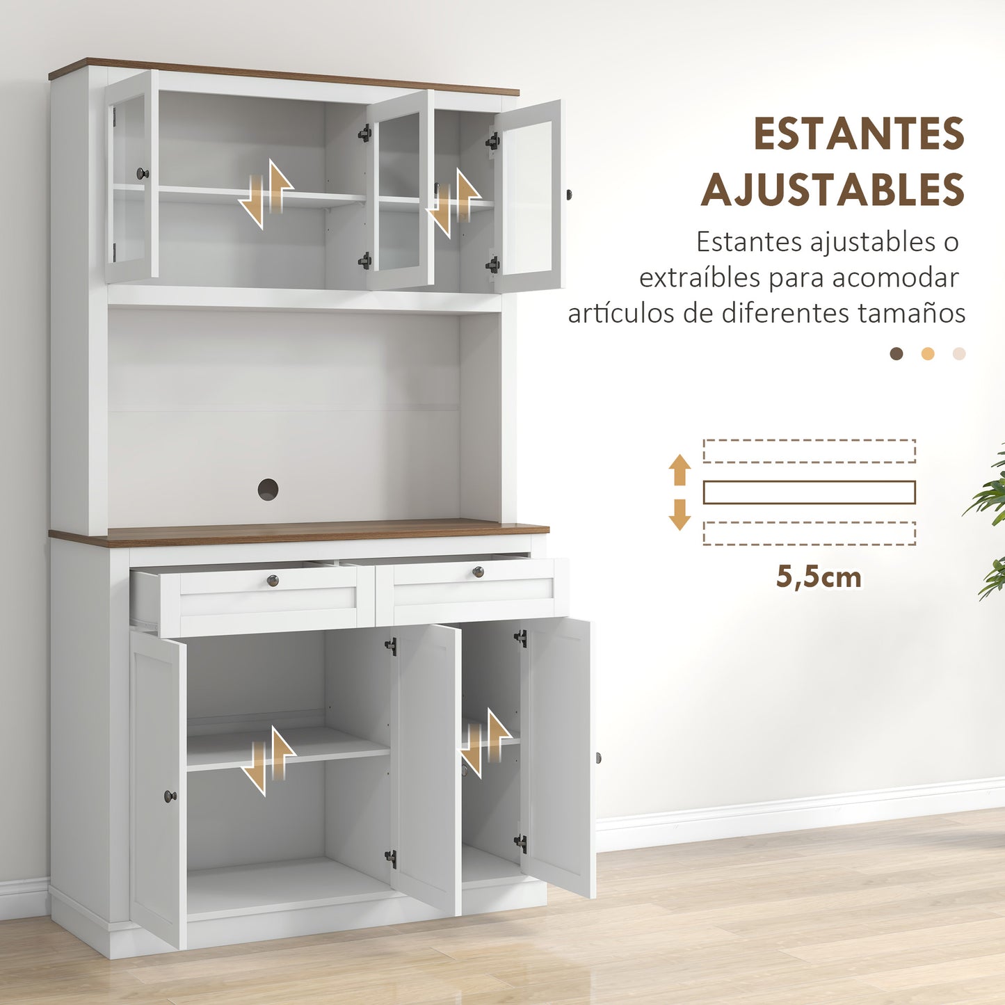 HOMCOM Alacena de Cocina Mueble Auxiliar de Cocina Armario de Cocina con 3 Puertas de Vidrio Compartimento Abierto 2 Cajones y Estantes Ajustables 100x40x180 cm Blanco