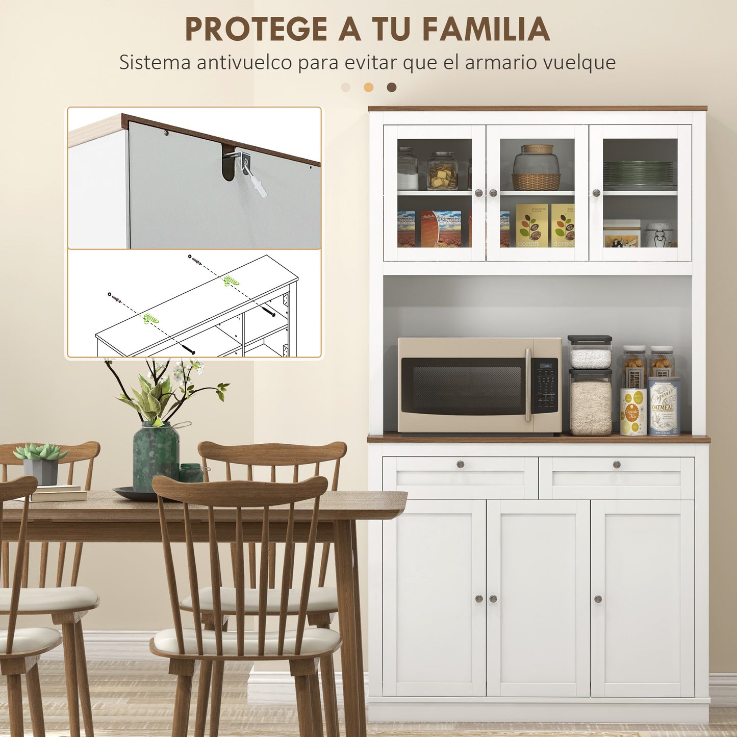 HOMCOM Alacena de Cocina Mueble Auxiliar de Cocina Armario de Cocina con 3 Puertas de Vidrio Compartimento Abierto 2 Cajones y Estantes Ajustables 100x40x180 cm Blanco