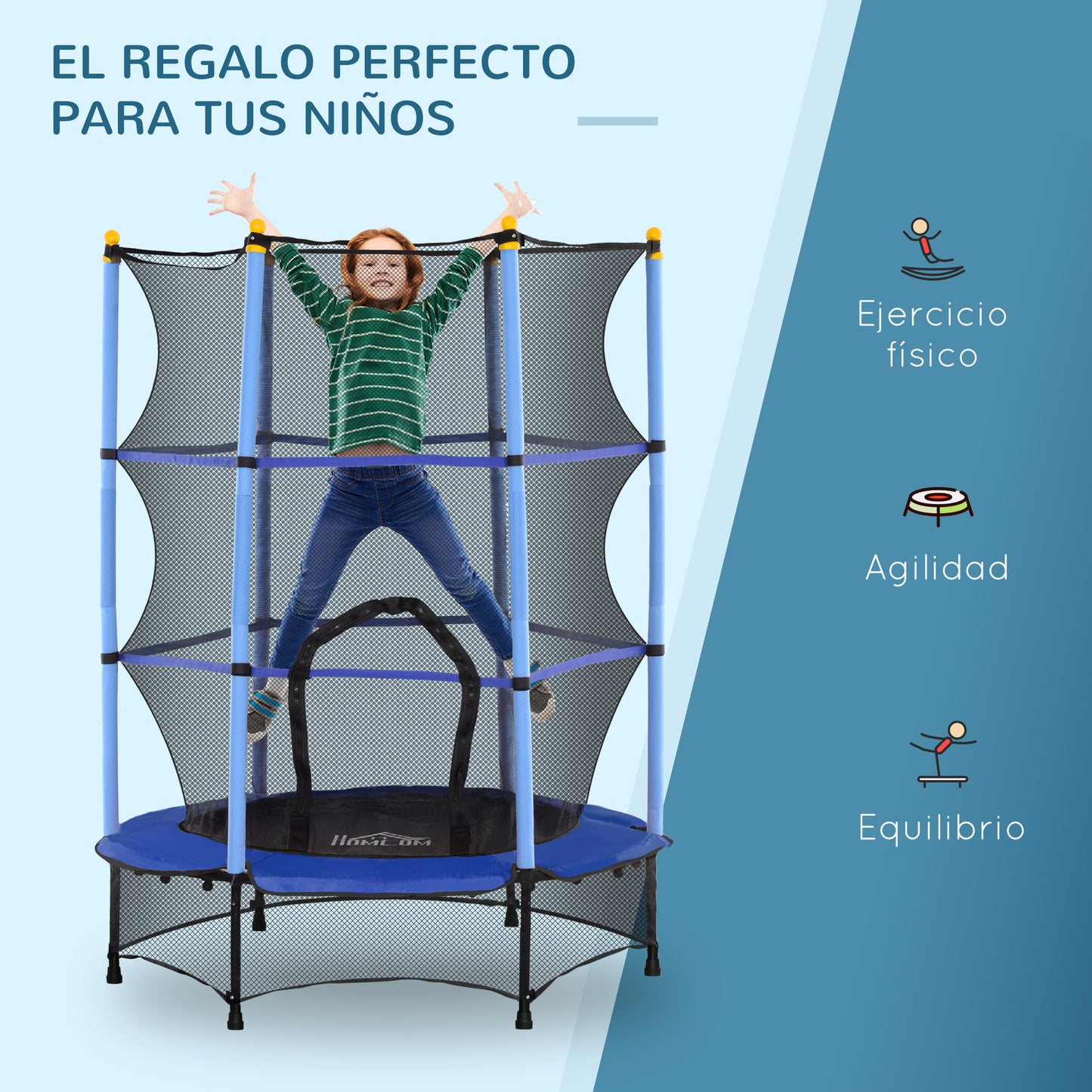 HOMCOM Cama Elástica Infantil Ø140x190 cm Trampolín para Niños de +3 Años con Red de Seguridad y Marco de Acero para Interior y Exterior Azul y Negro