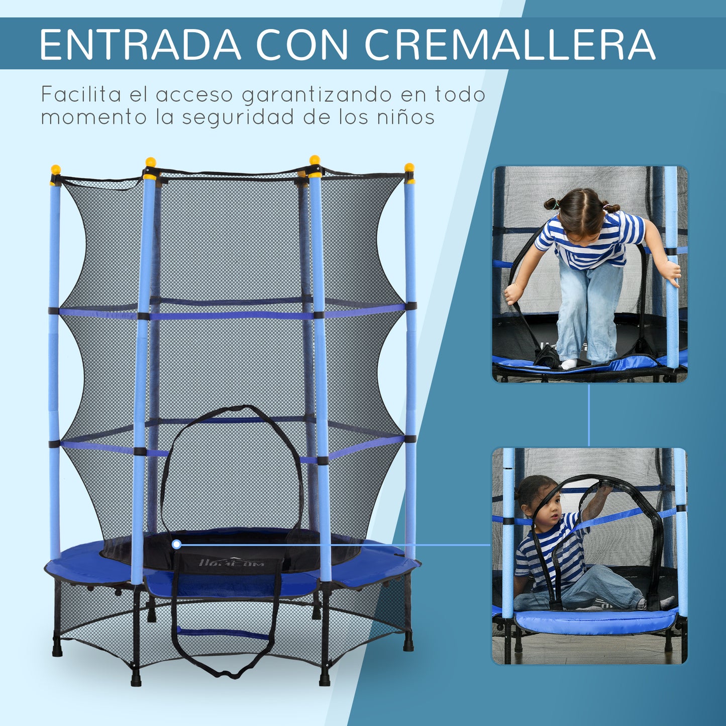 HOMCOM Cama Elástica Infantil Ø140x190 cm Trampolín para Niños de +3 Años con Red de Seguridad y Marco de Acero para Interior y Exterior Azul y Negro