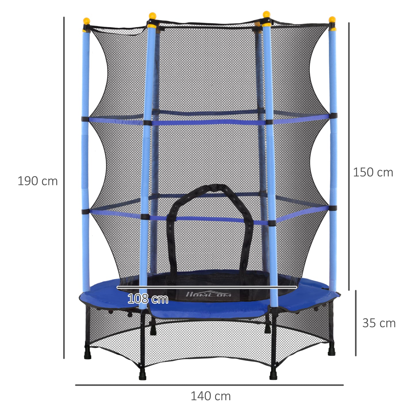 HOMCOM Cama Elástica Infantil Ø140x190 cm Trampolín para Niños de +3 Años con Red de Seguridad y Marco de Acero para Interior y Exterior Azul y Negro