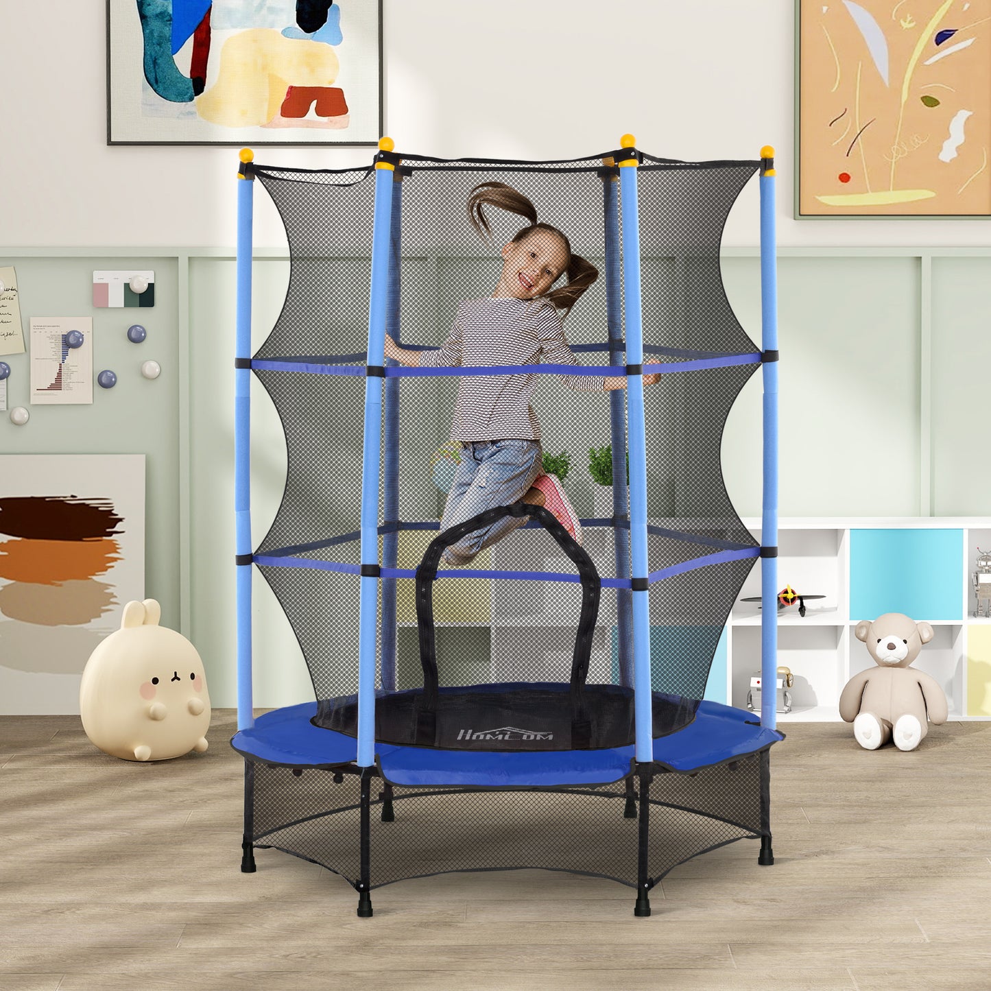 HOMCOM Cama Elástica Infantil Ø140x190 cm Trampolín para Niños de +3 Años con Red de Seguridad y Marco de Acero para Interior y Exterior Azul y Negro