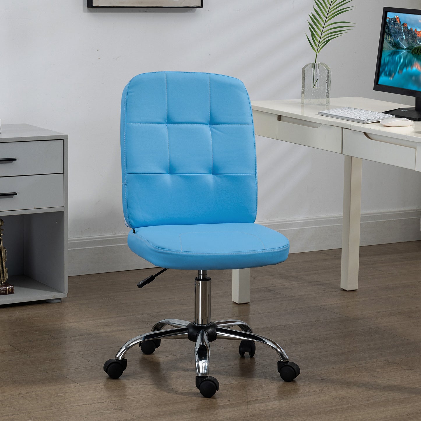 Vinsetto Silla de Oficina sin Brazos Silla de Escritorio Giratorio de Piel Sintética con Altura Ajustable Estilo Moderno Carga 120 kg 45x59x90-100 cm Azul