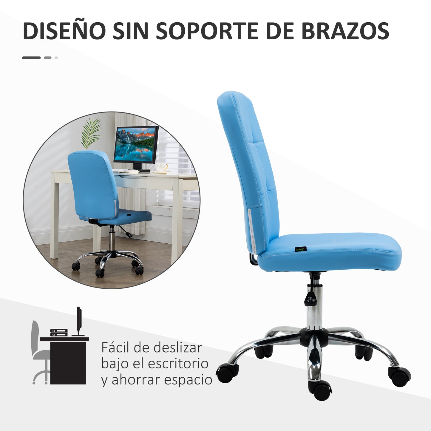 Vinsetto Silla de Oficina sin Brazos Silla de Escritorio Giratorio de Piel Sintética con Altura Ajustable Estilo Moderno Carga 120 kg 45x59x90-100 cm Azul